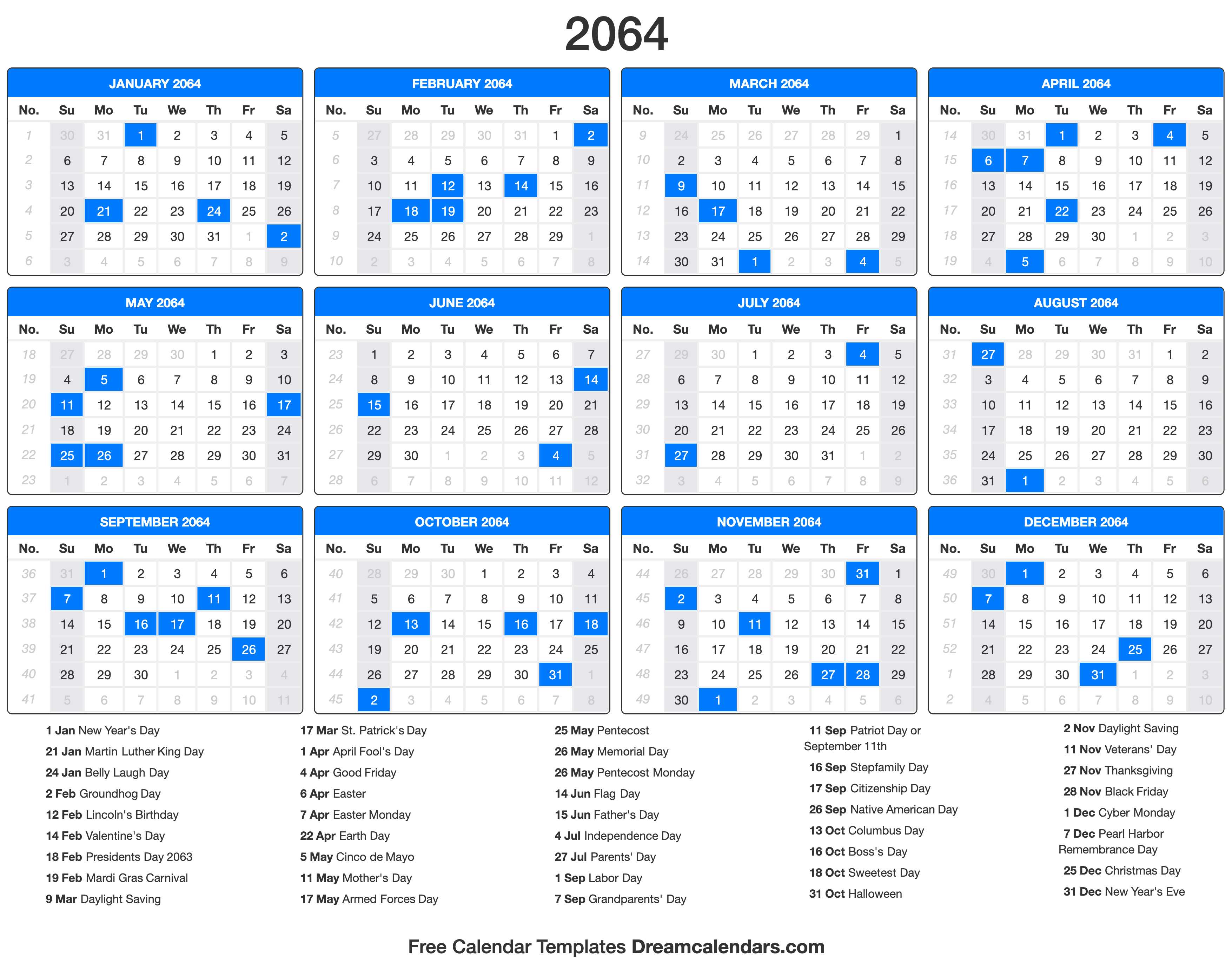 2064 Calendar with holidays