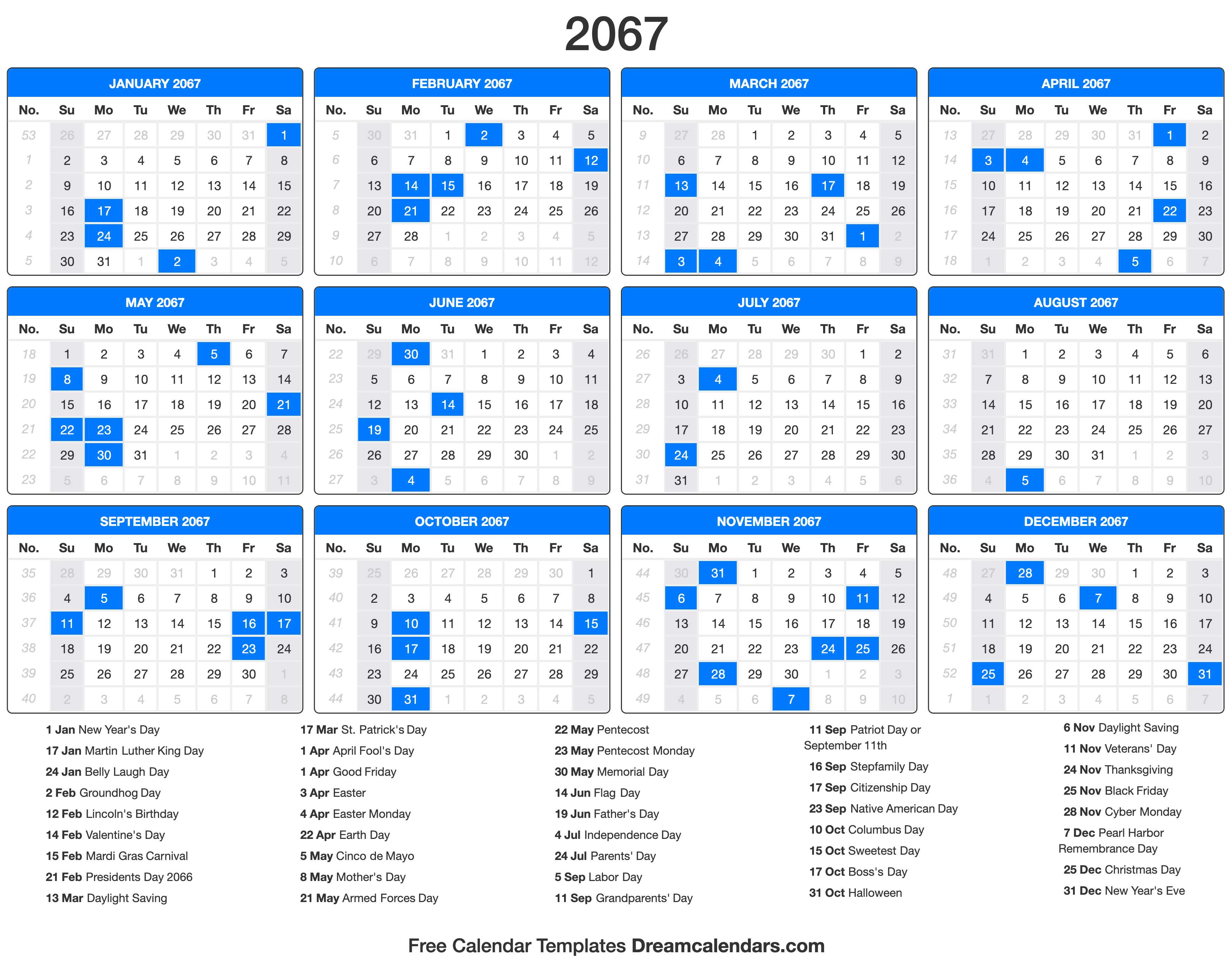 2067 Calendar with holidays