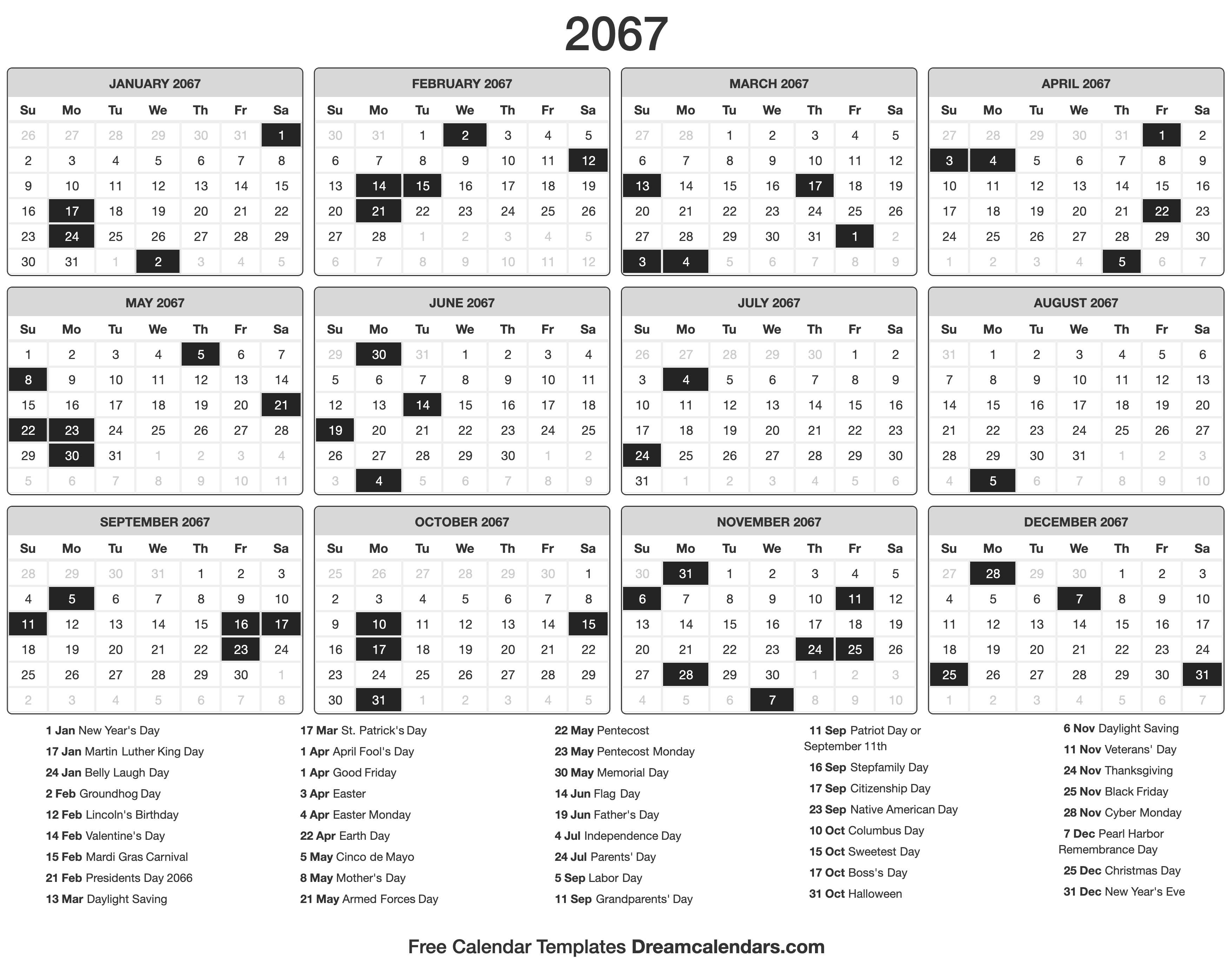 2067 Calendar