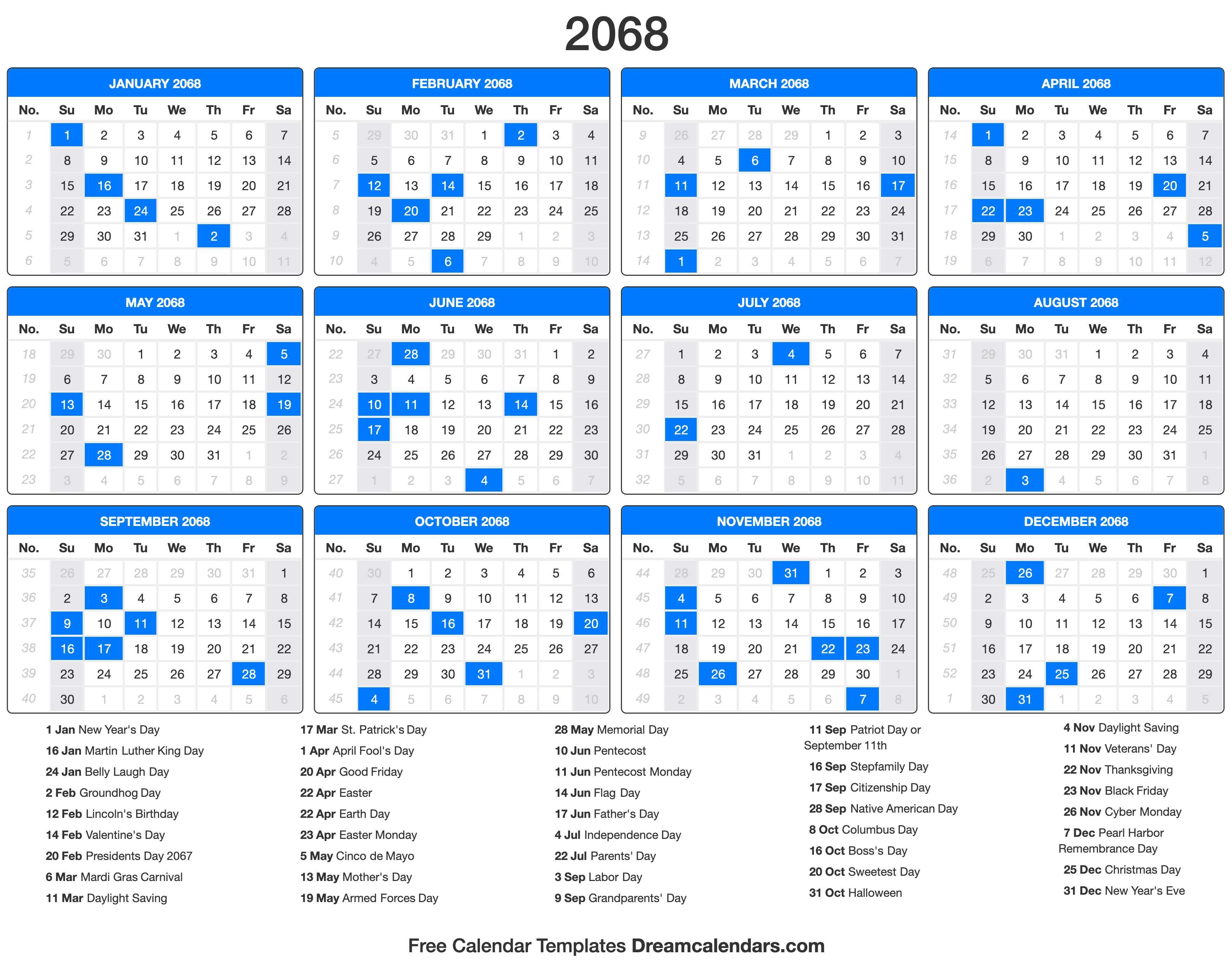 2068 Calendar with holidays