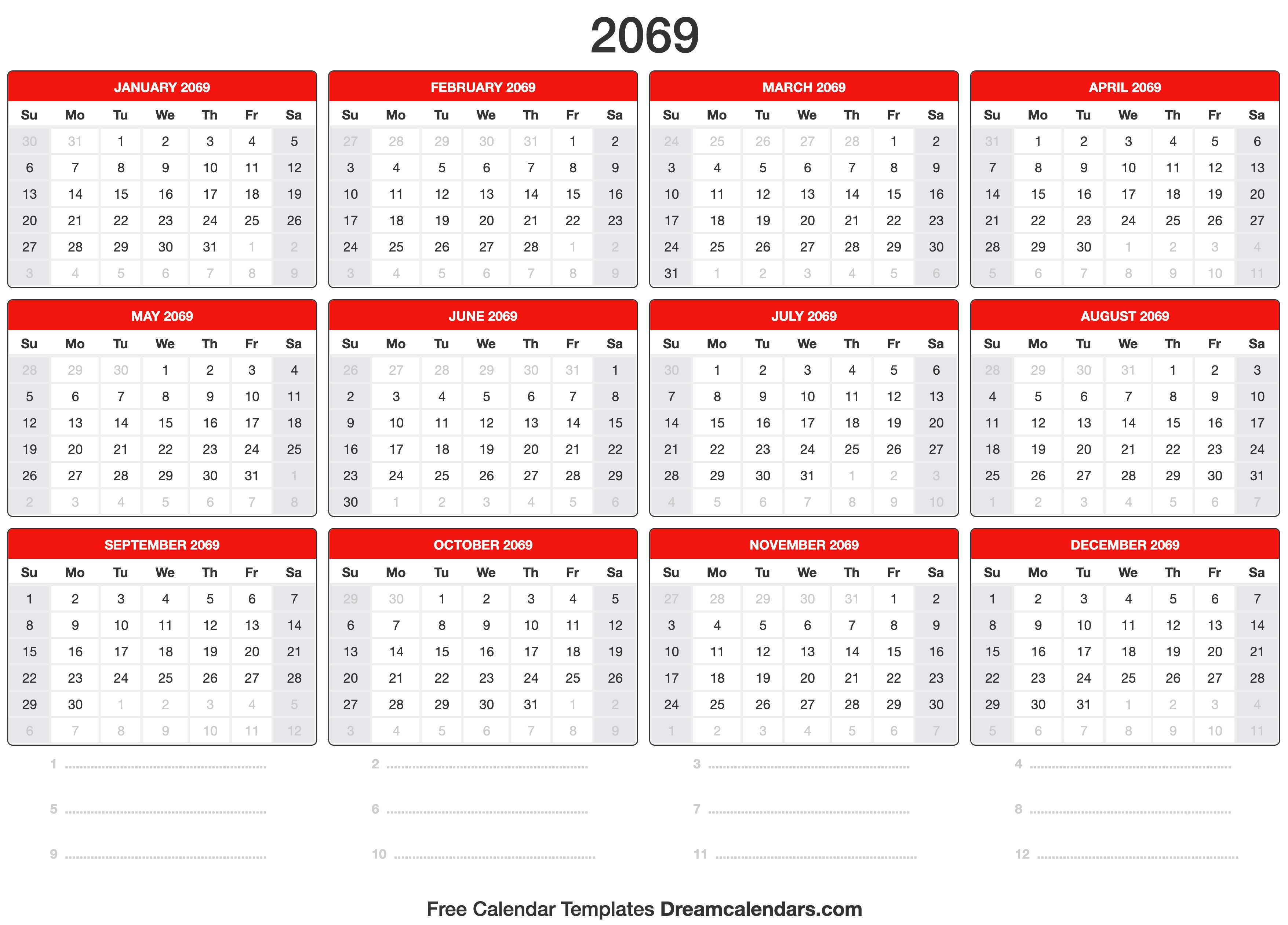 2069 Calendar Template