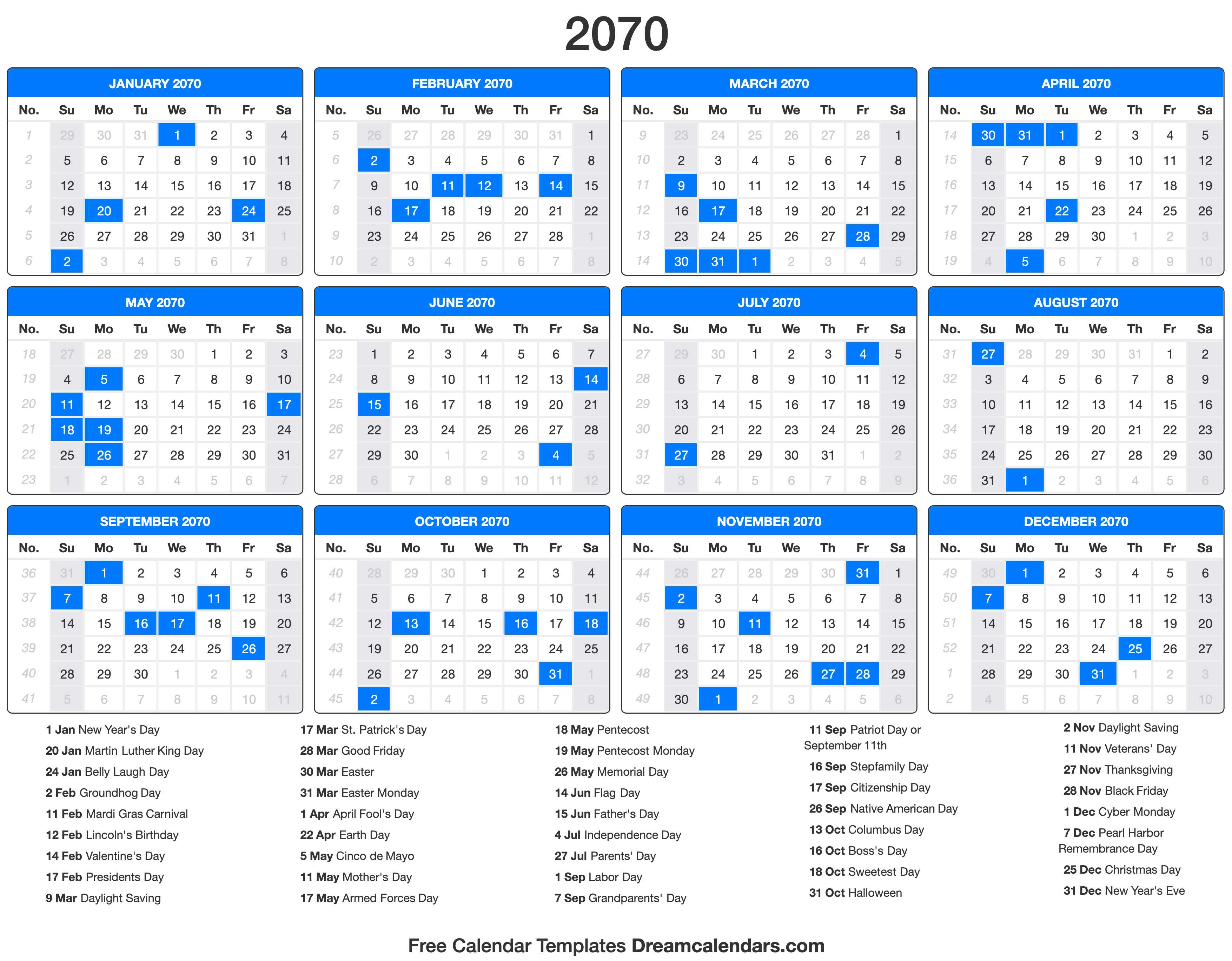 2070 Calendar with holidays