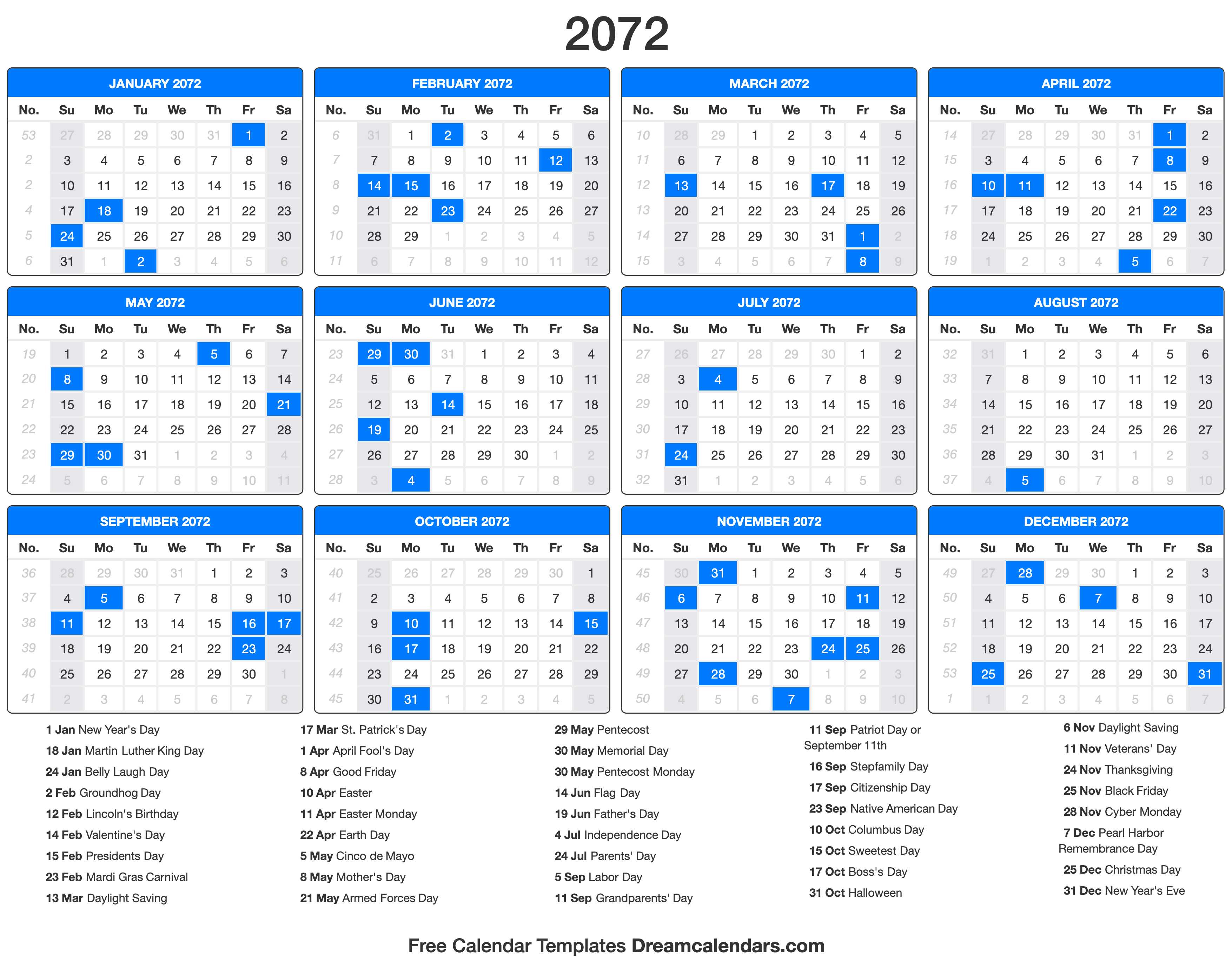 2072 Calendar with holidays