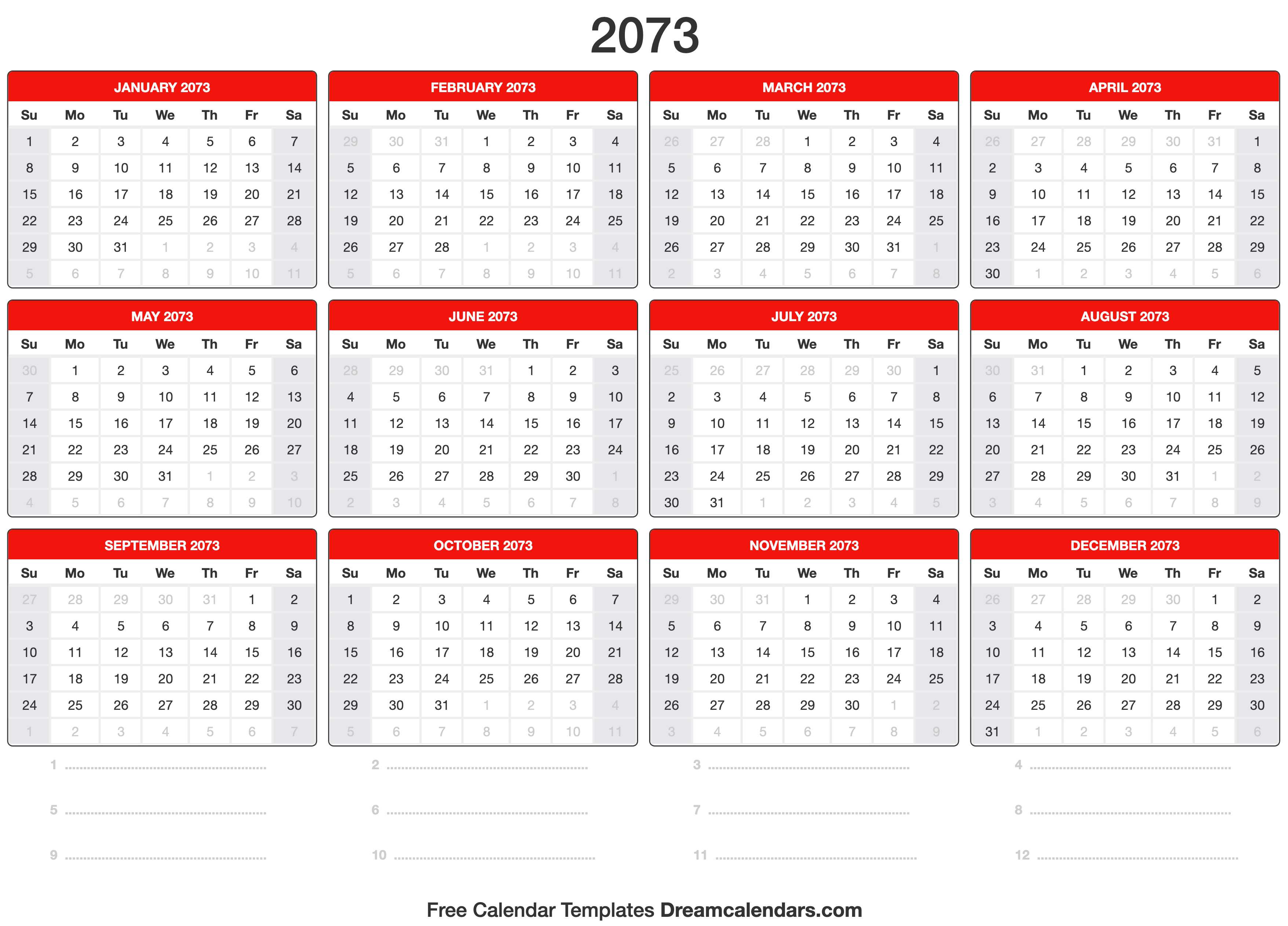 2073 Calendar Template
