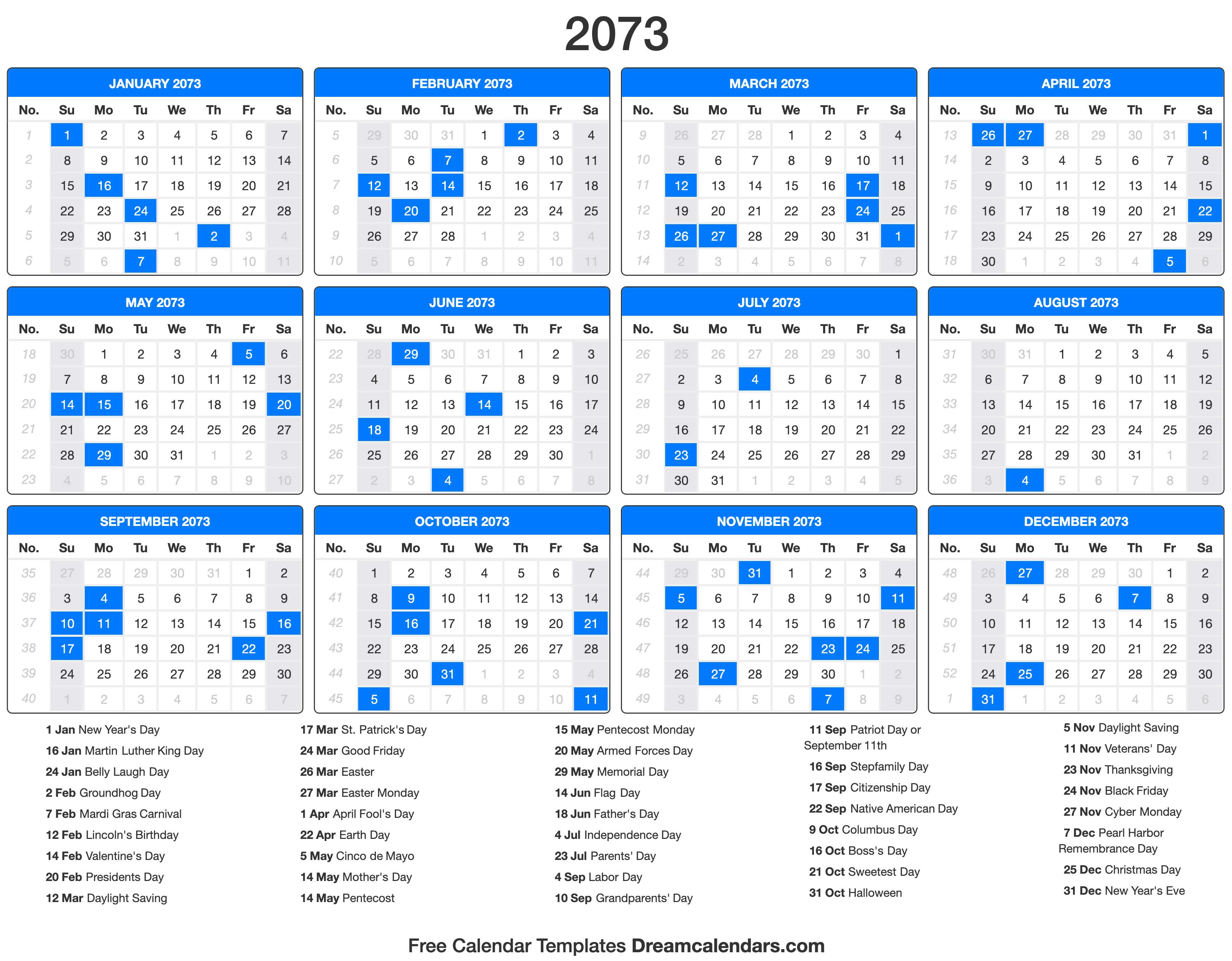 2073 Calendar with holidays