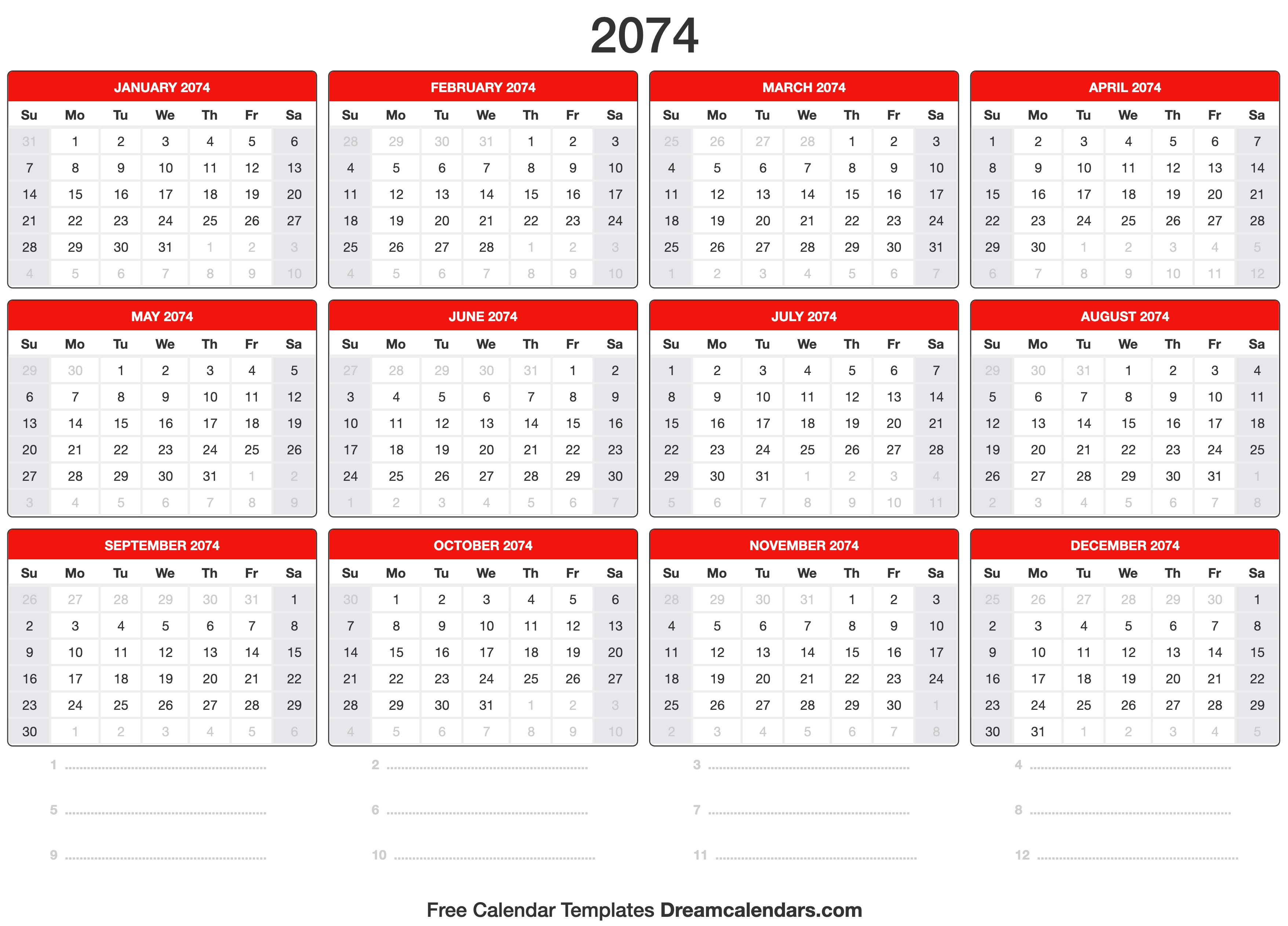 2074 Calendar Template