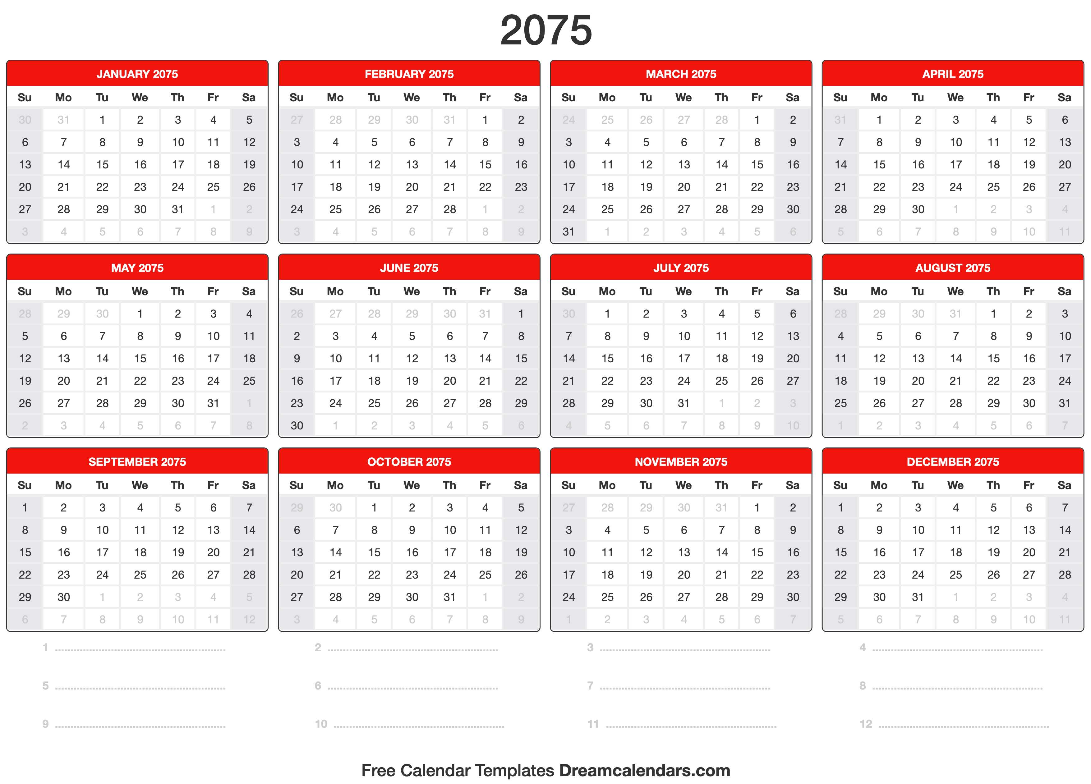 2075 Calendar Template