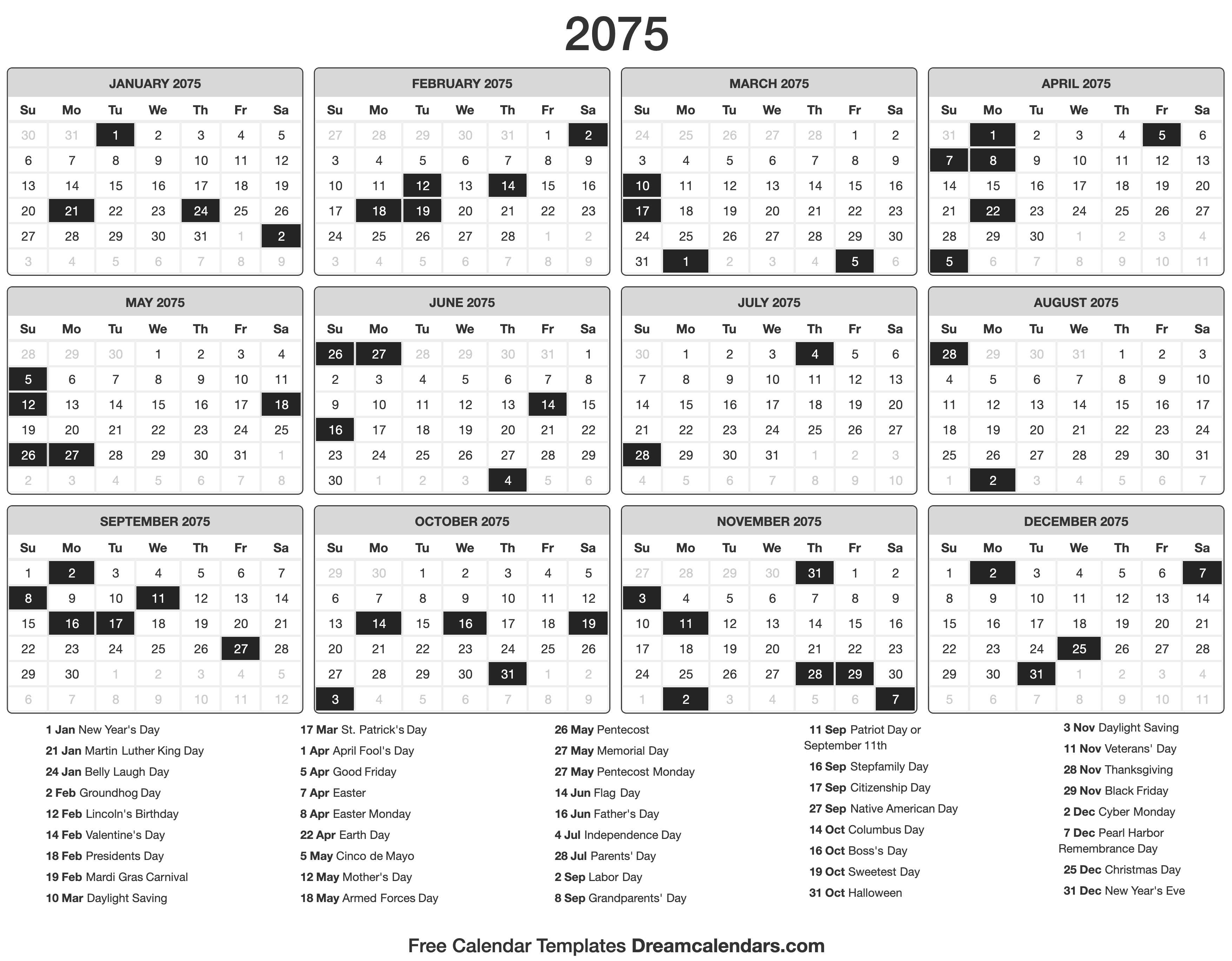 2075 Calendar
