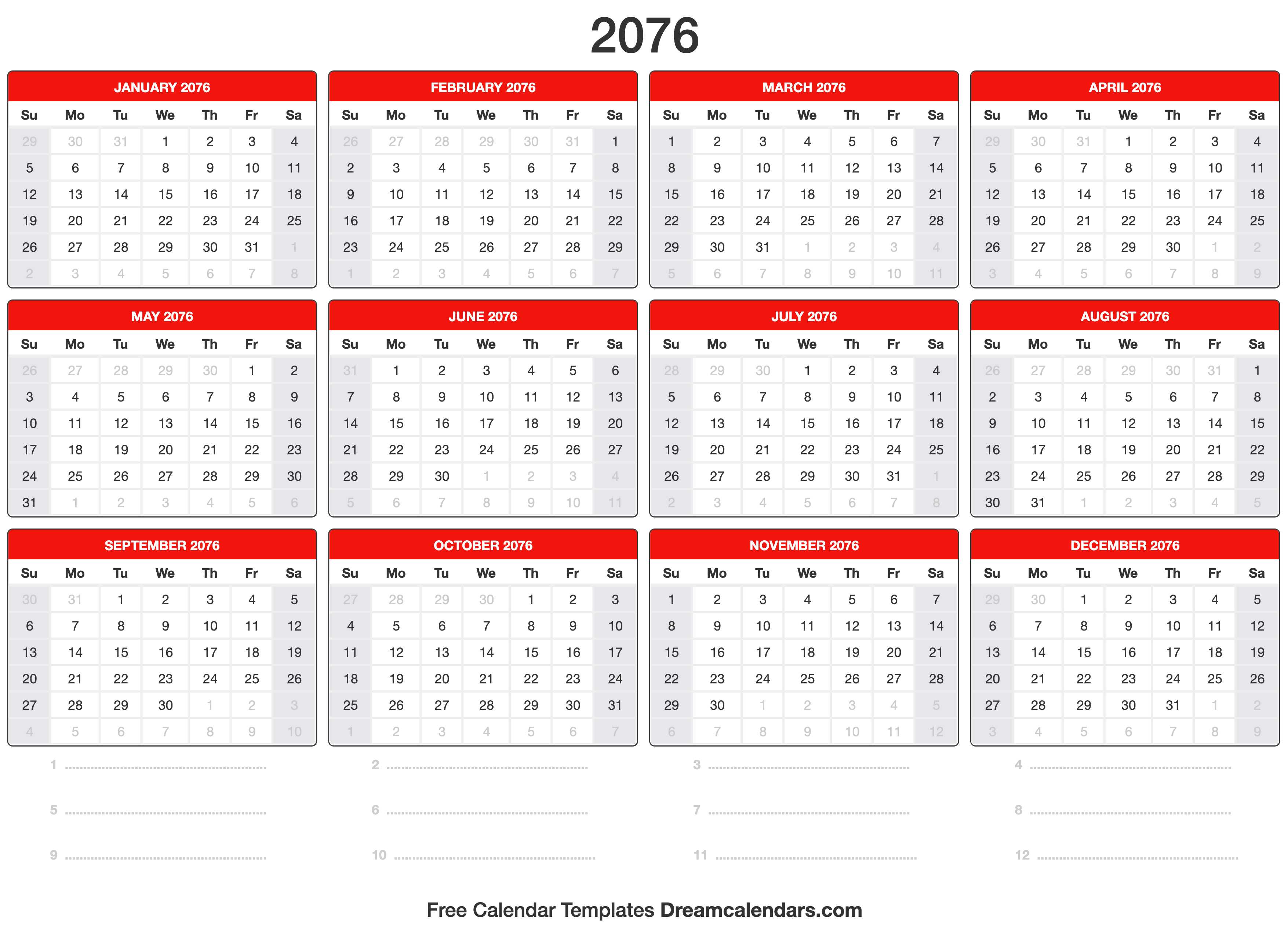 2076 Calendar Template