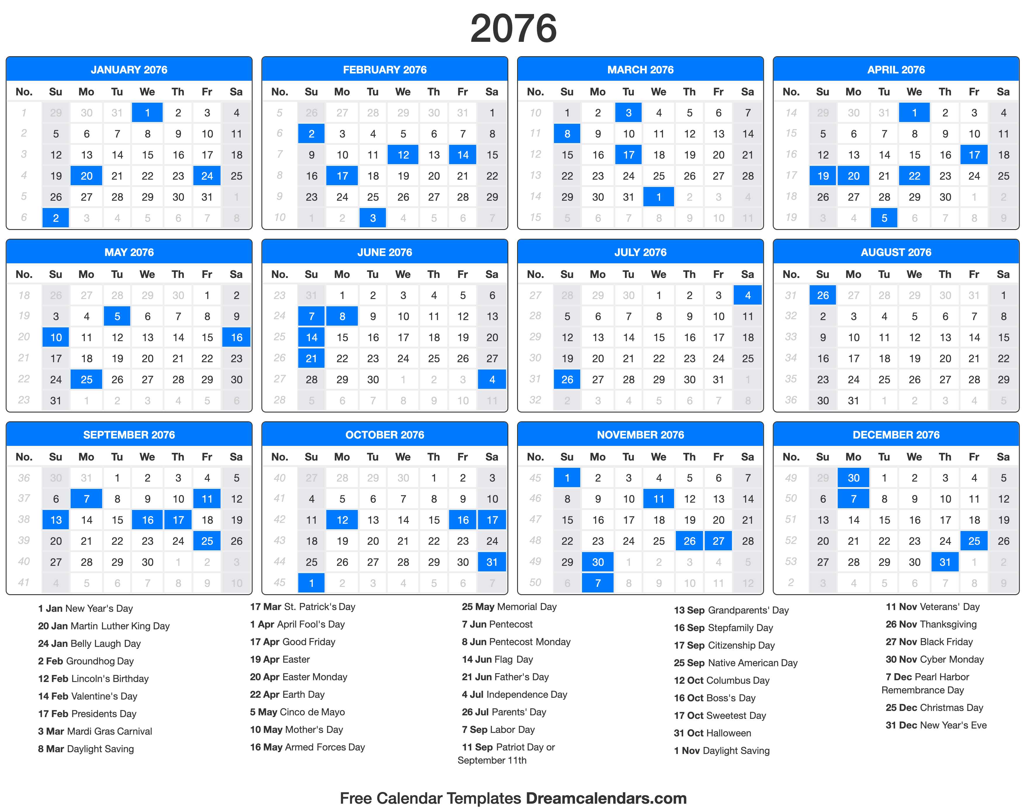 2076 Calendar with holidays