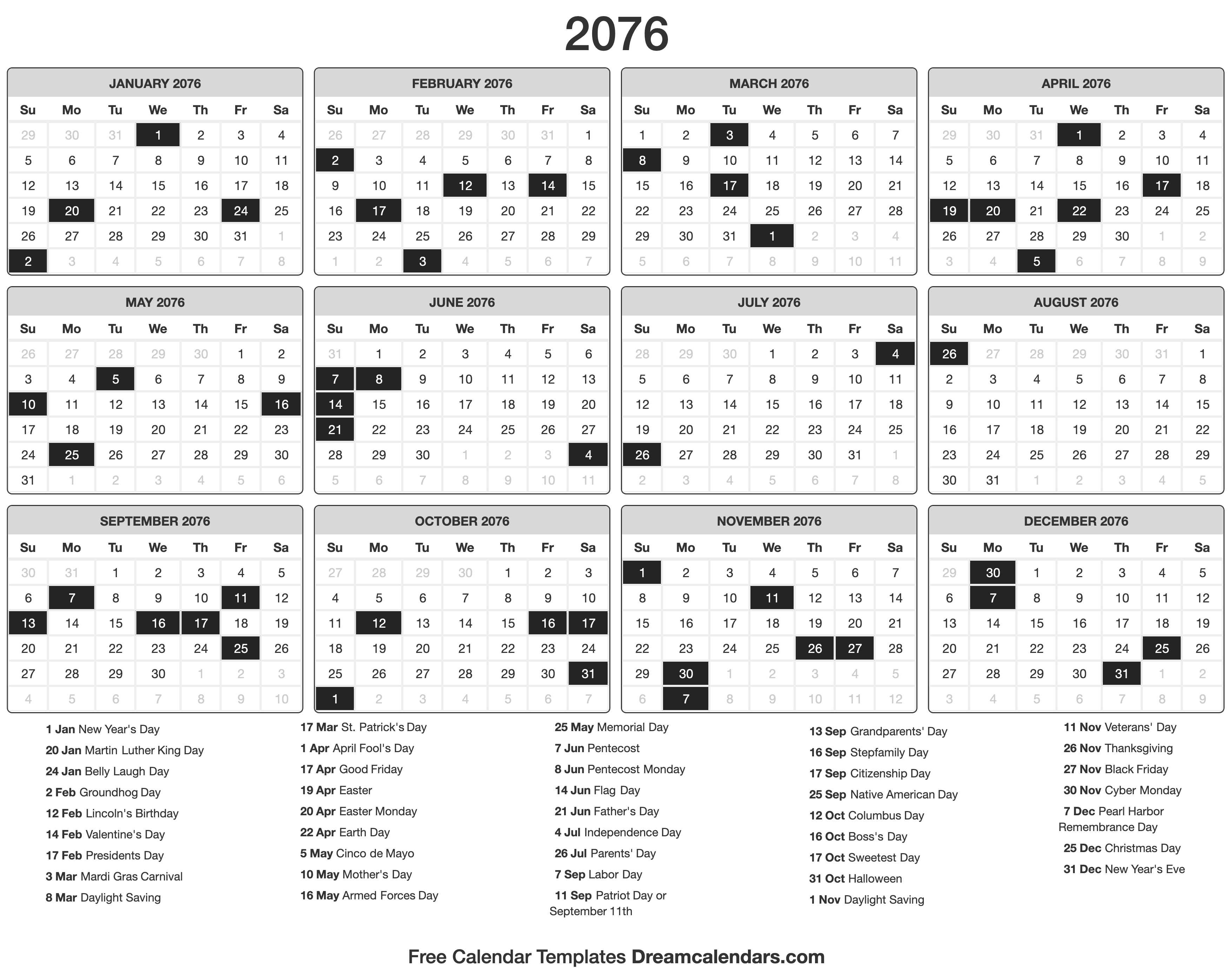 2076 Calendar