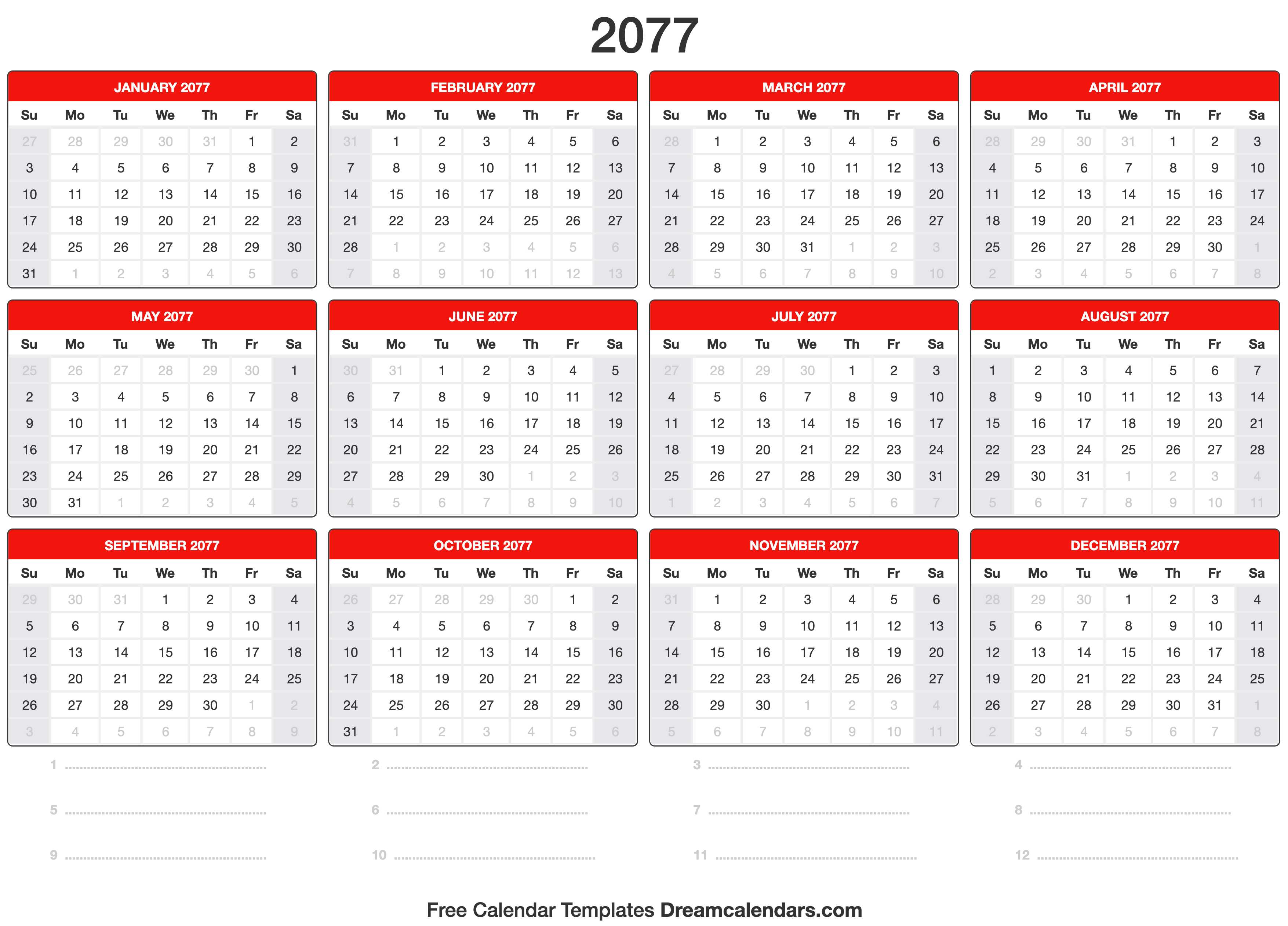 2077 Calendar Template