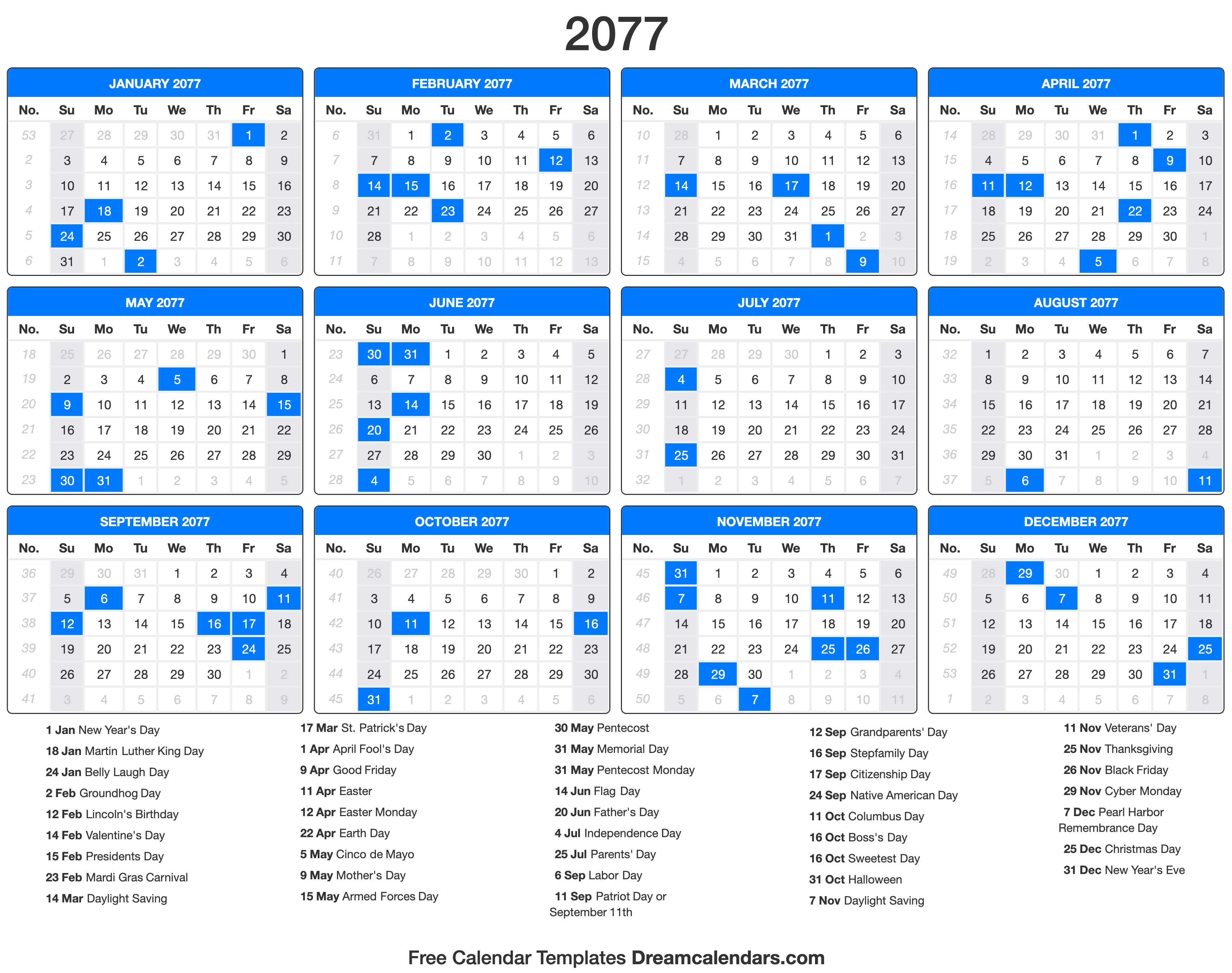 2077 Calendar with holidays