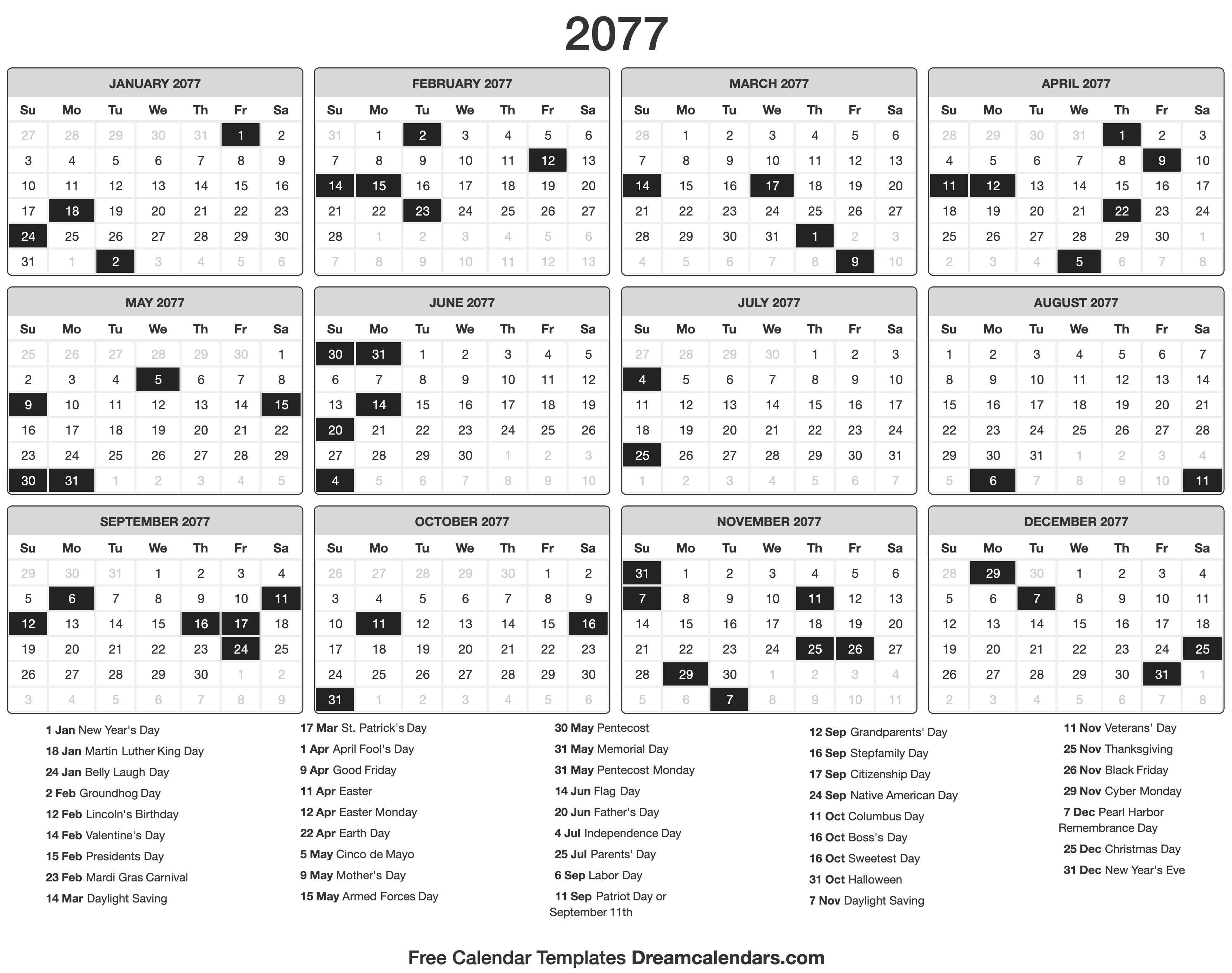 2077 Calendar