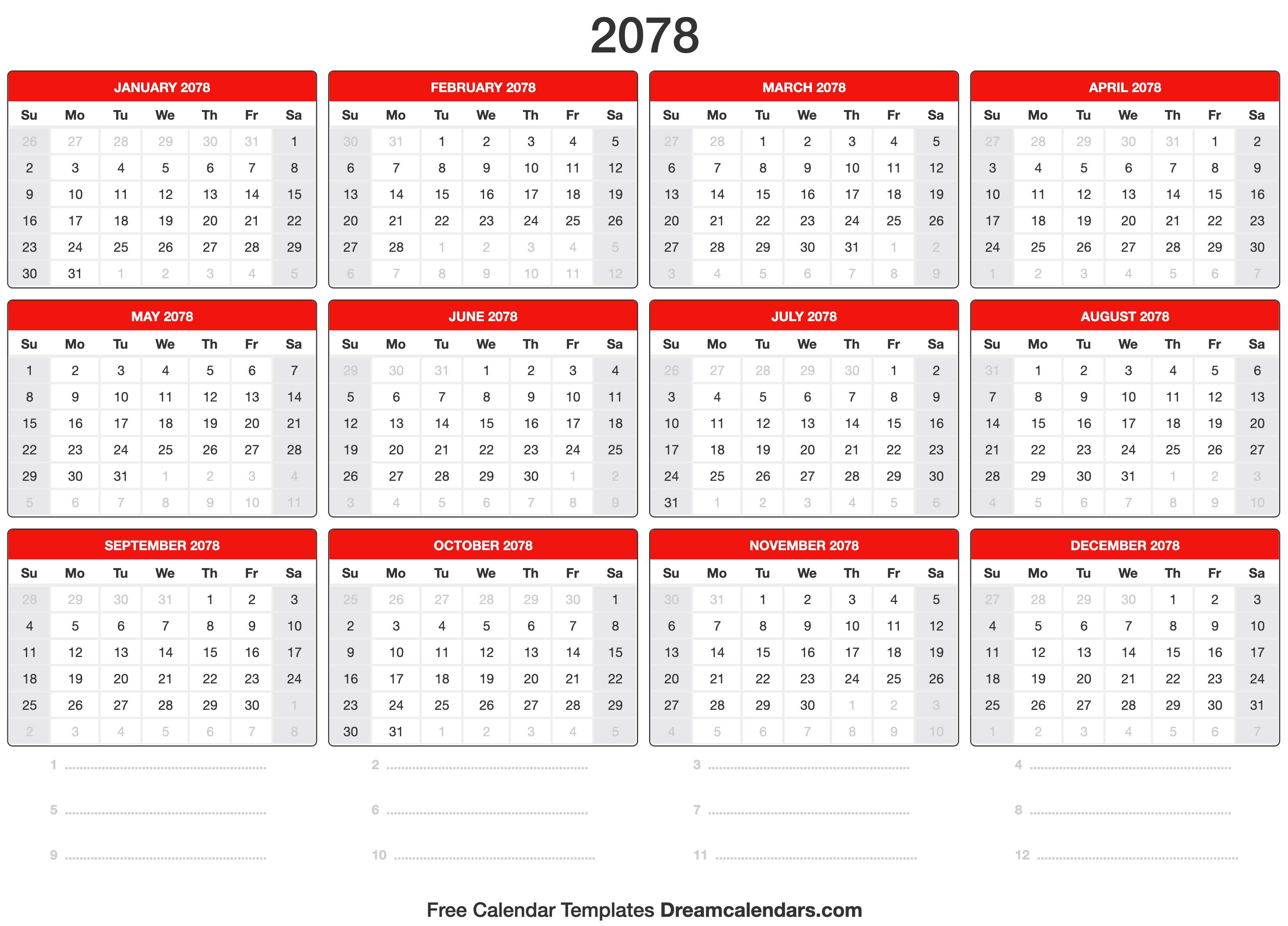 2078 Calendar Template