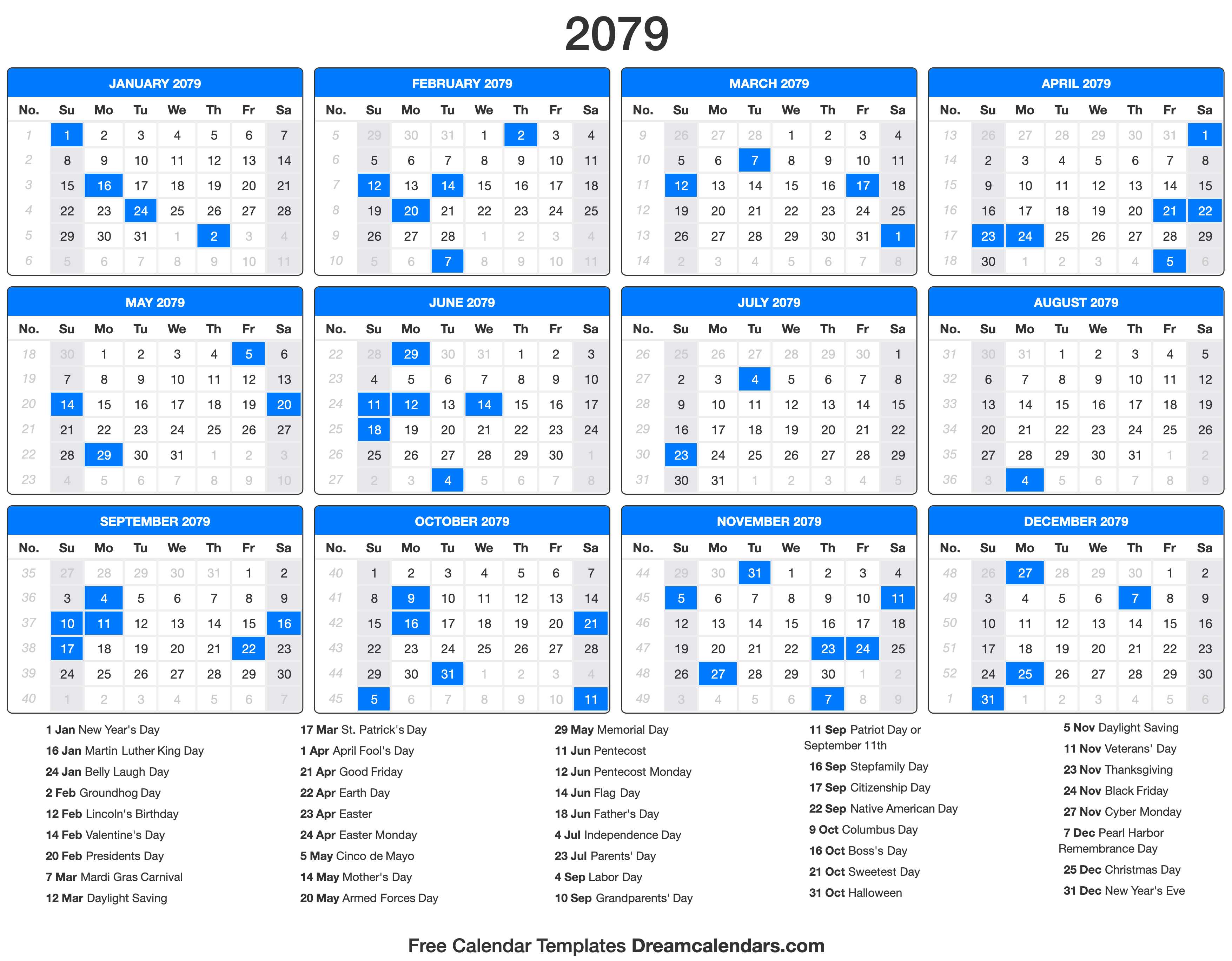 2079 Calendar with holidays