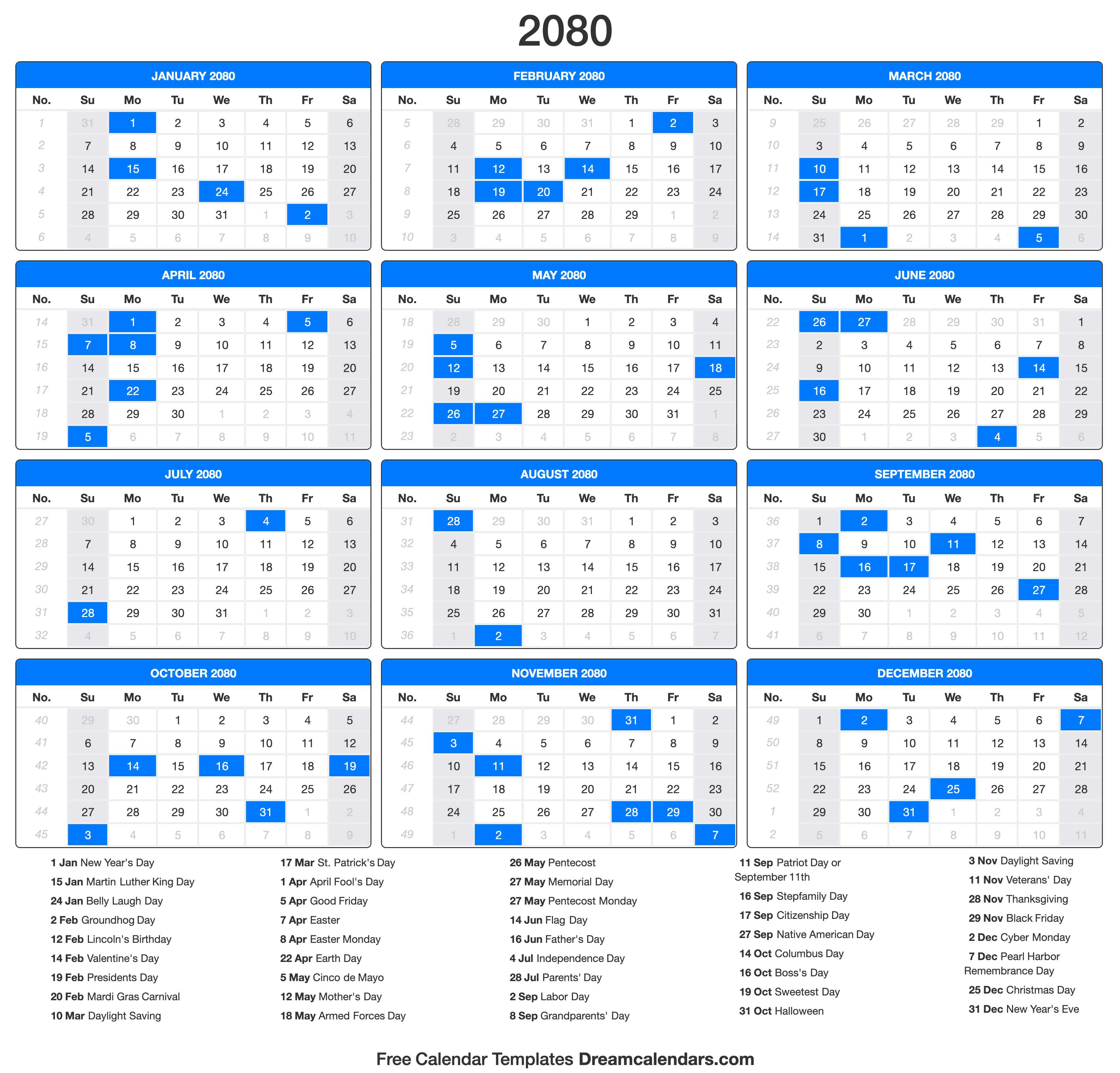 2080 Calendar
