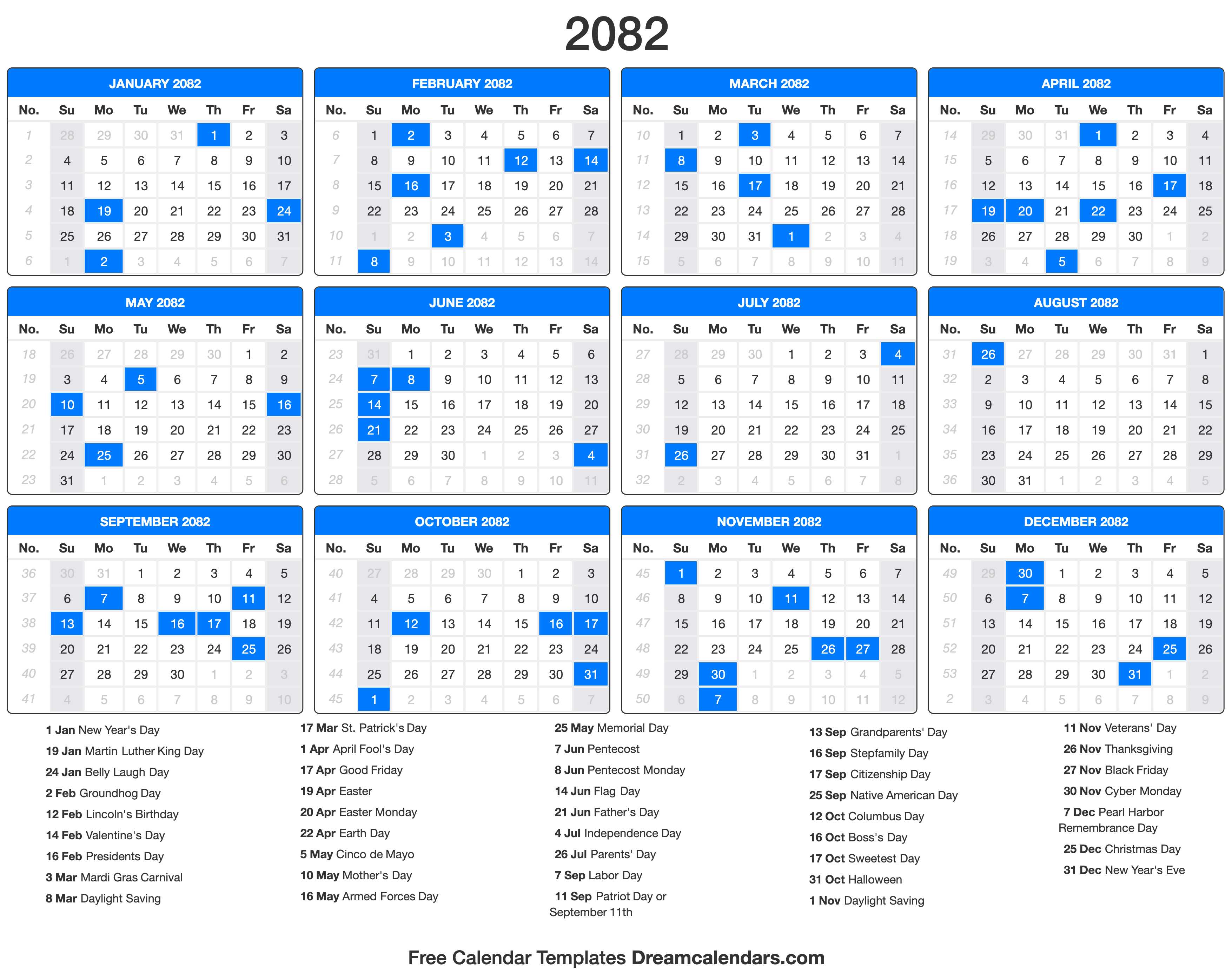 2082 Calendar with holidays