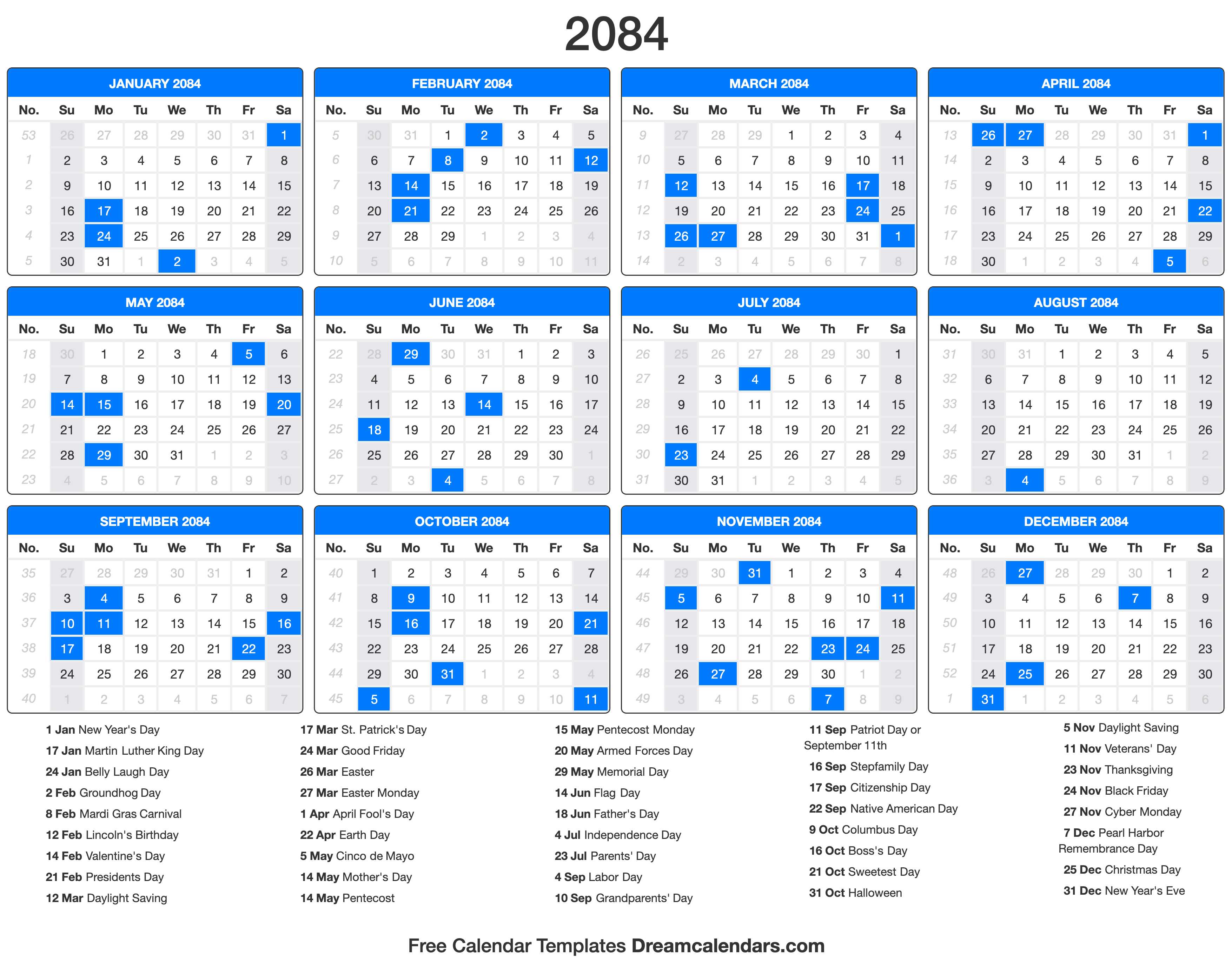 2084 Calendar with holidays
