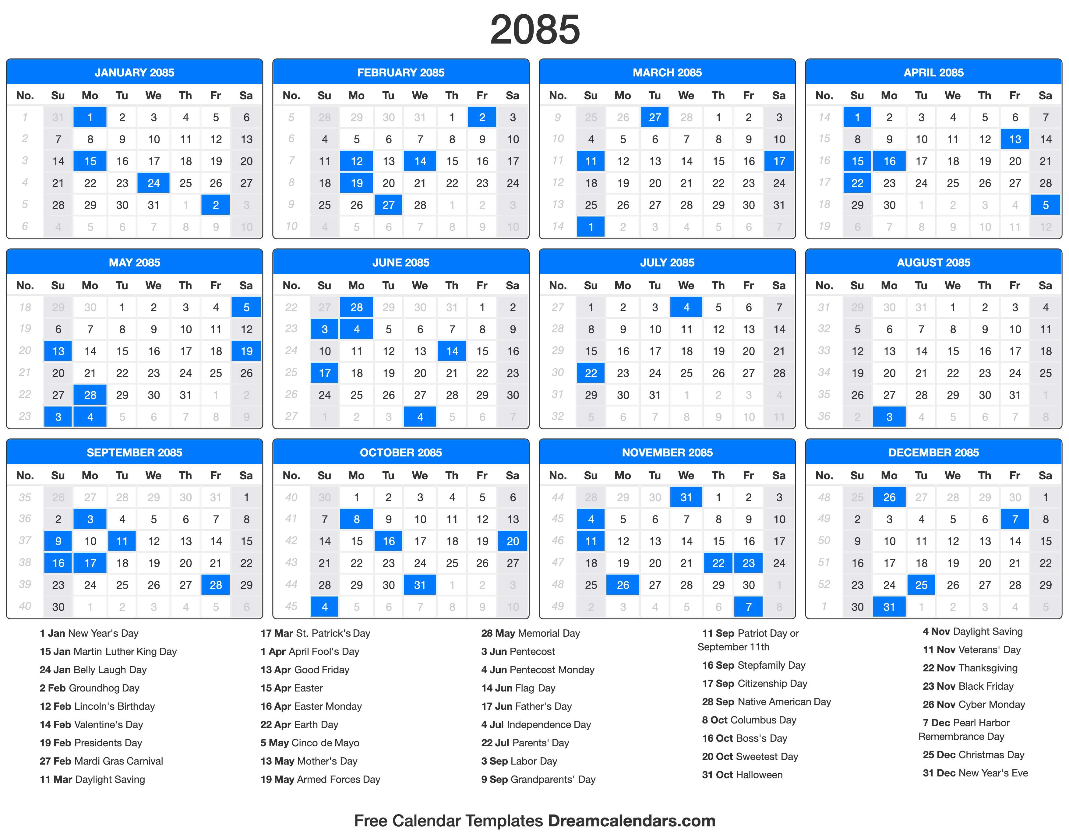 2085 Calendar with holidays