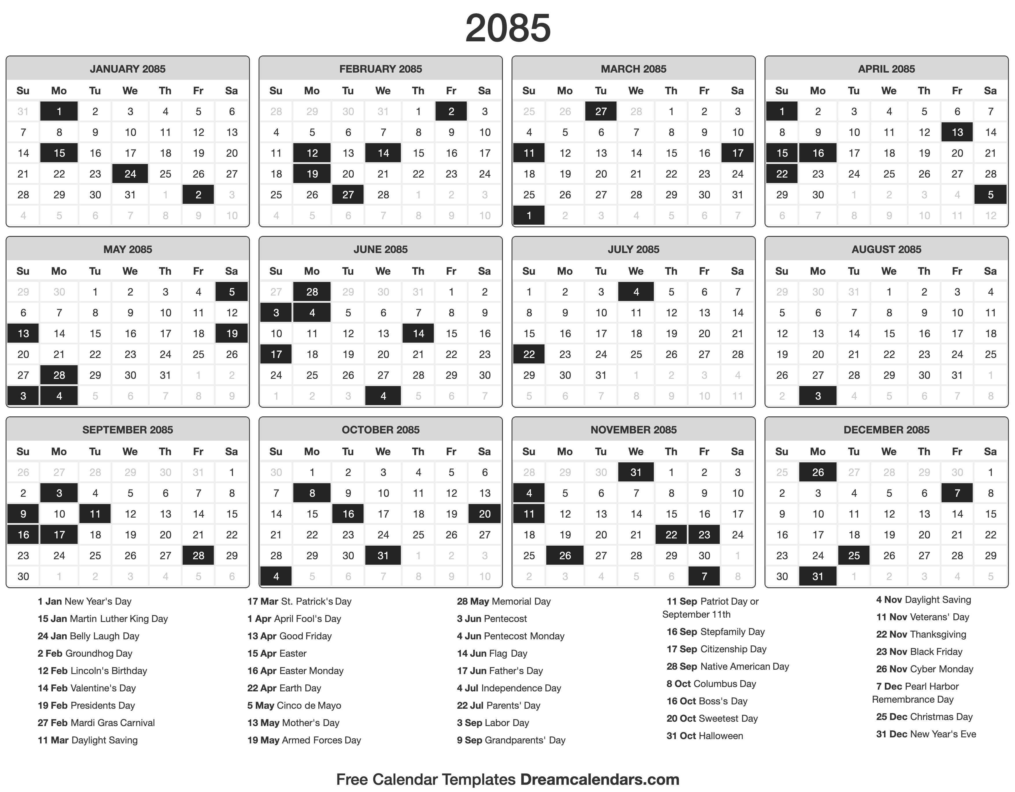 2085 Calendar