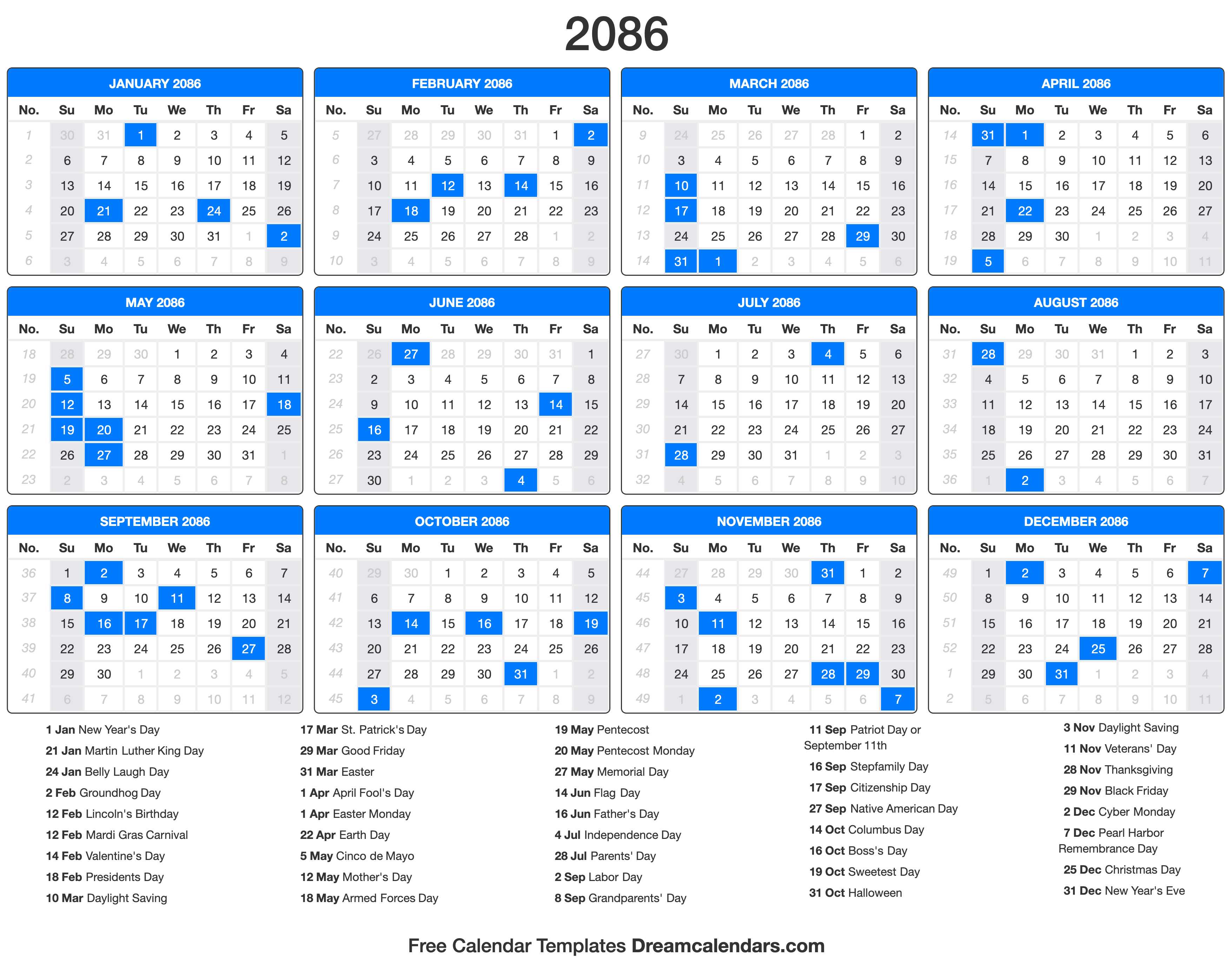 2086 Calendar with holidays