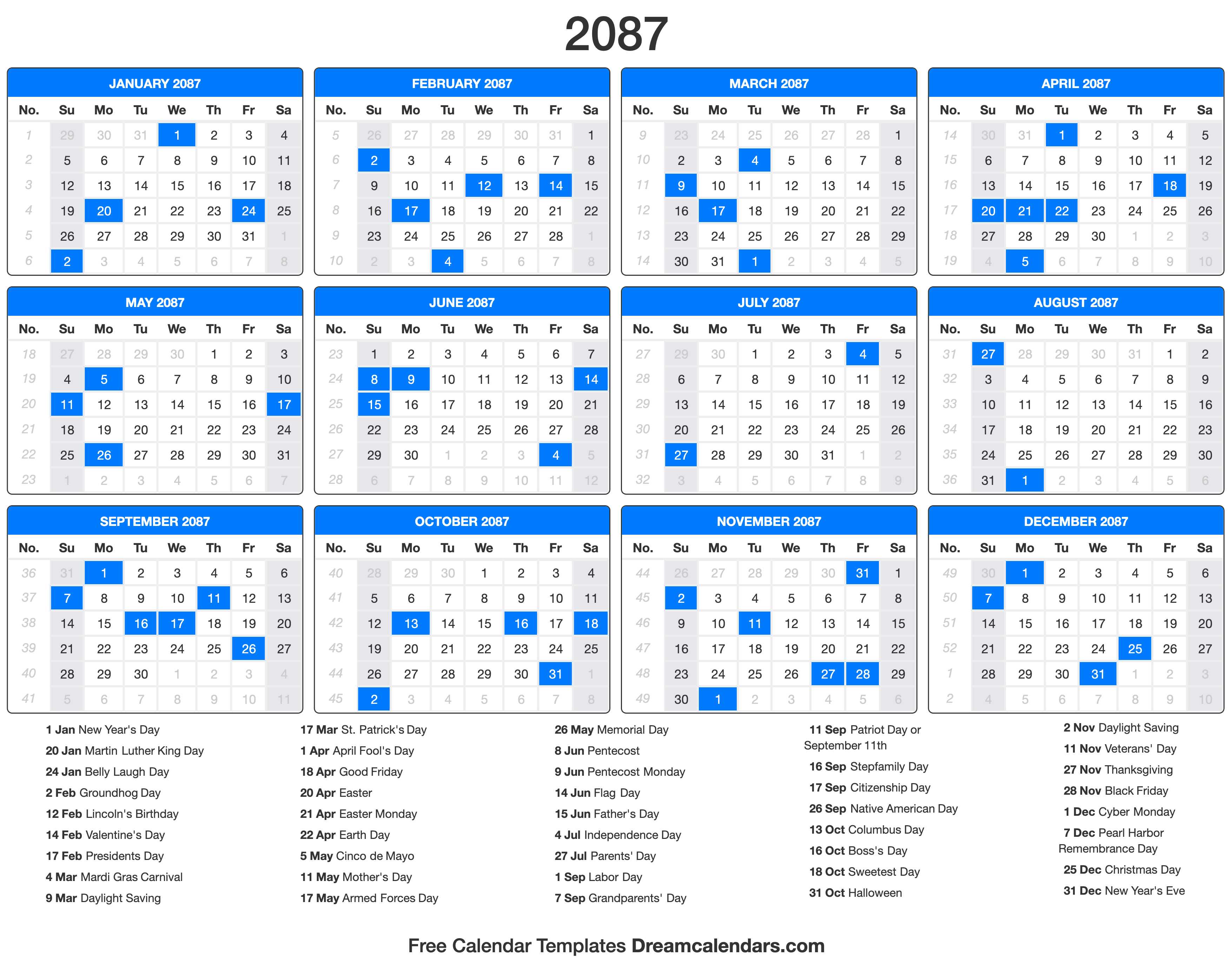 2087 Calendar with holidays