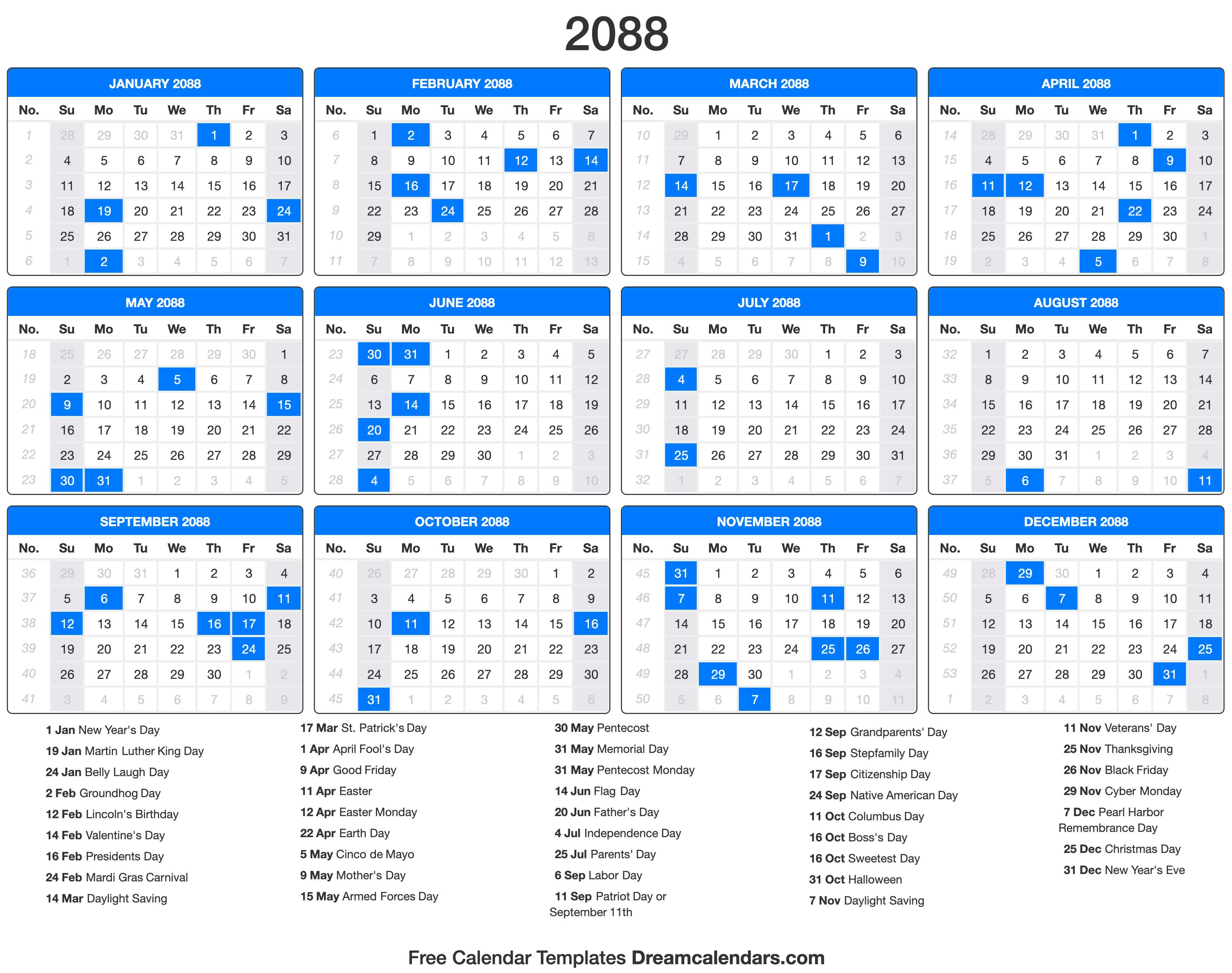 2088 Calendar with holidays