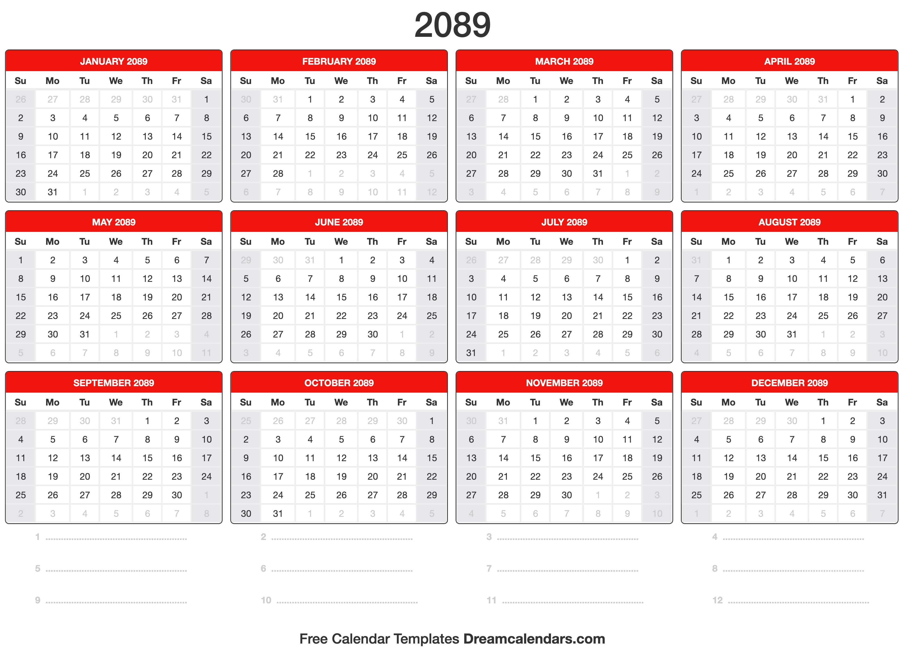 2089 Calendar Template