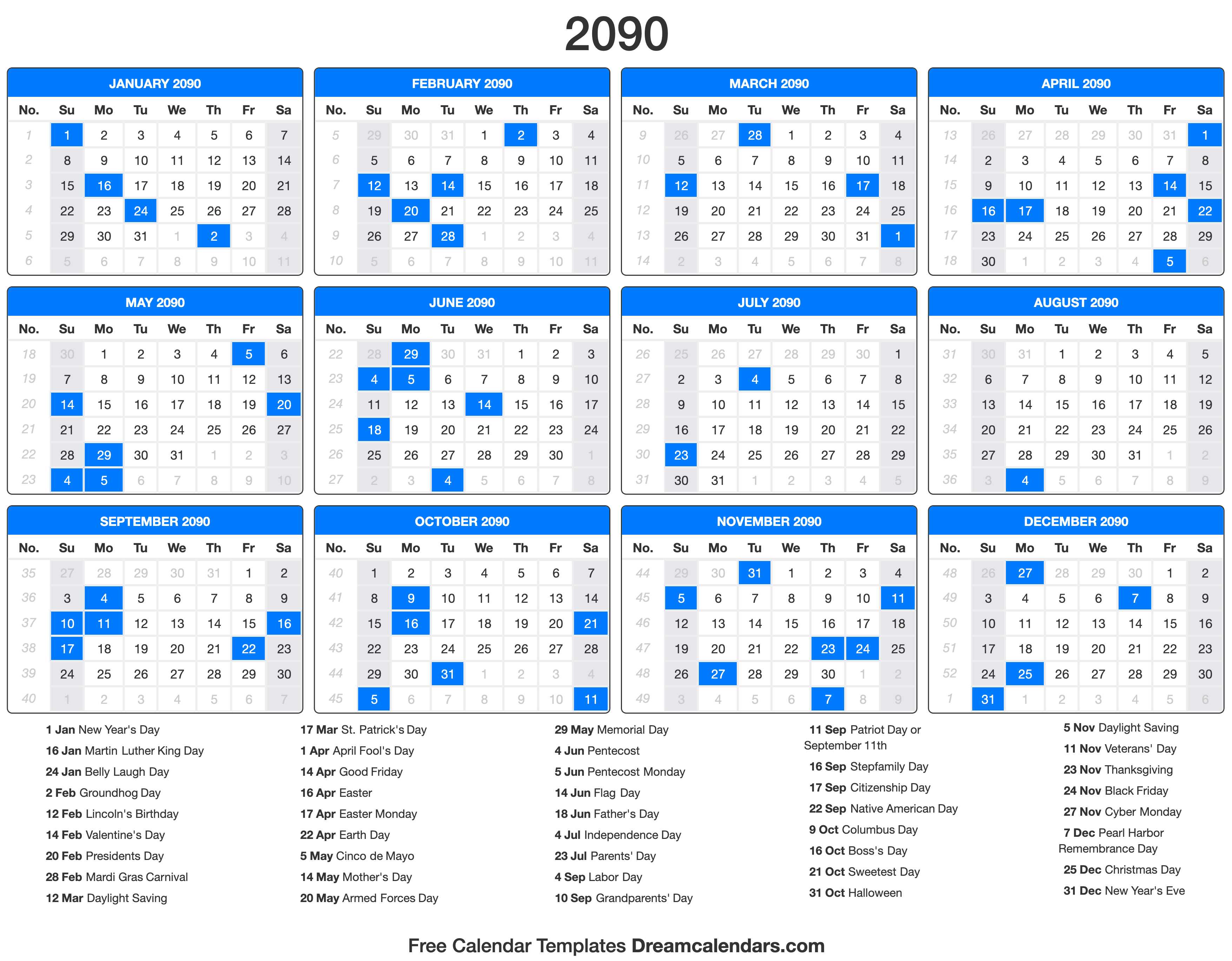 2090 Calendar with holidays