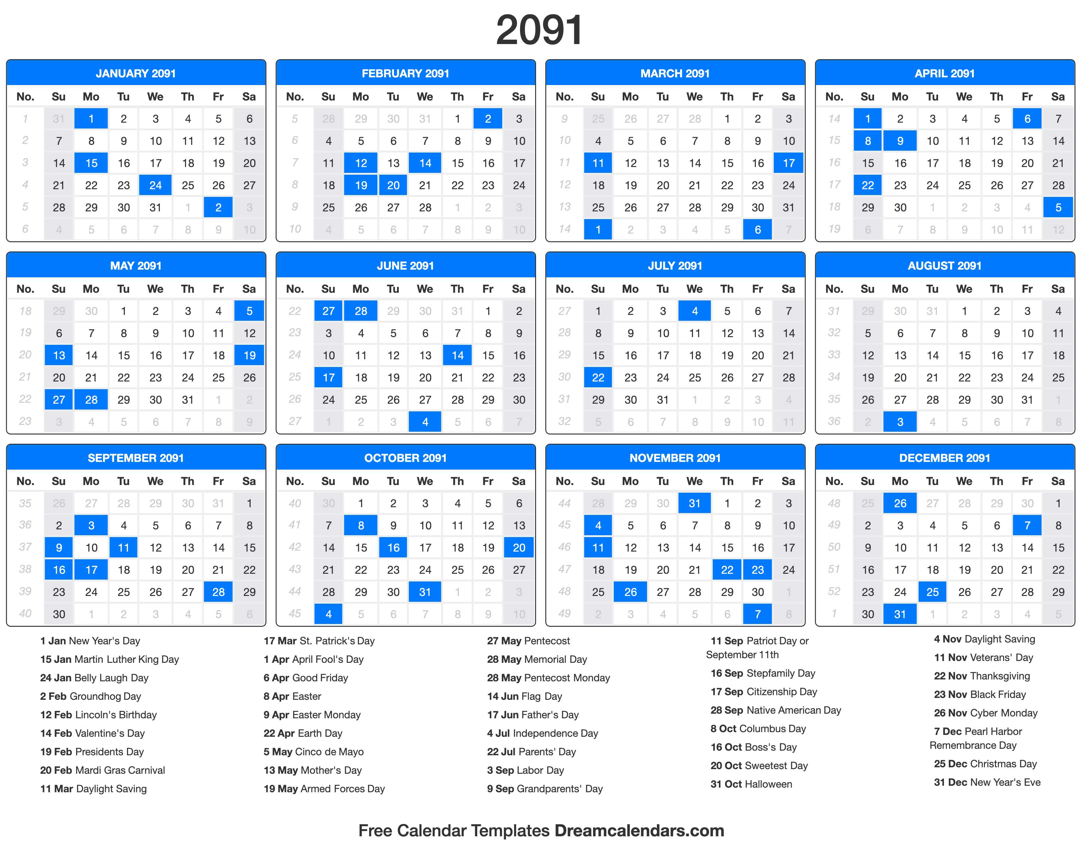 2091 Calendar with holidays