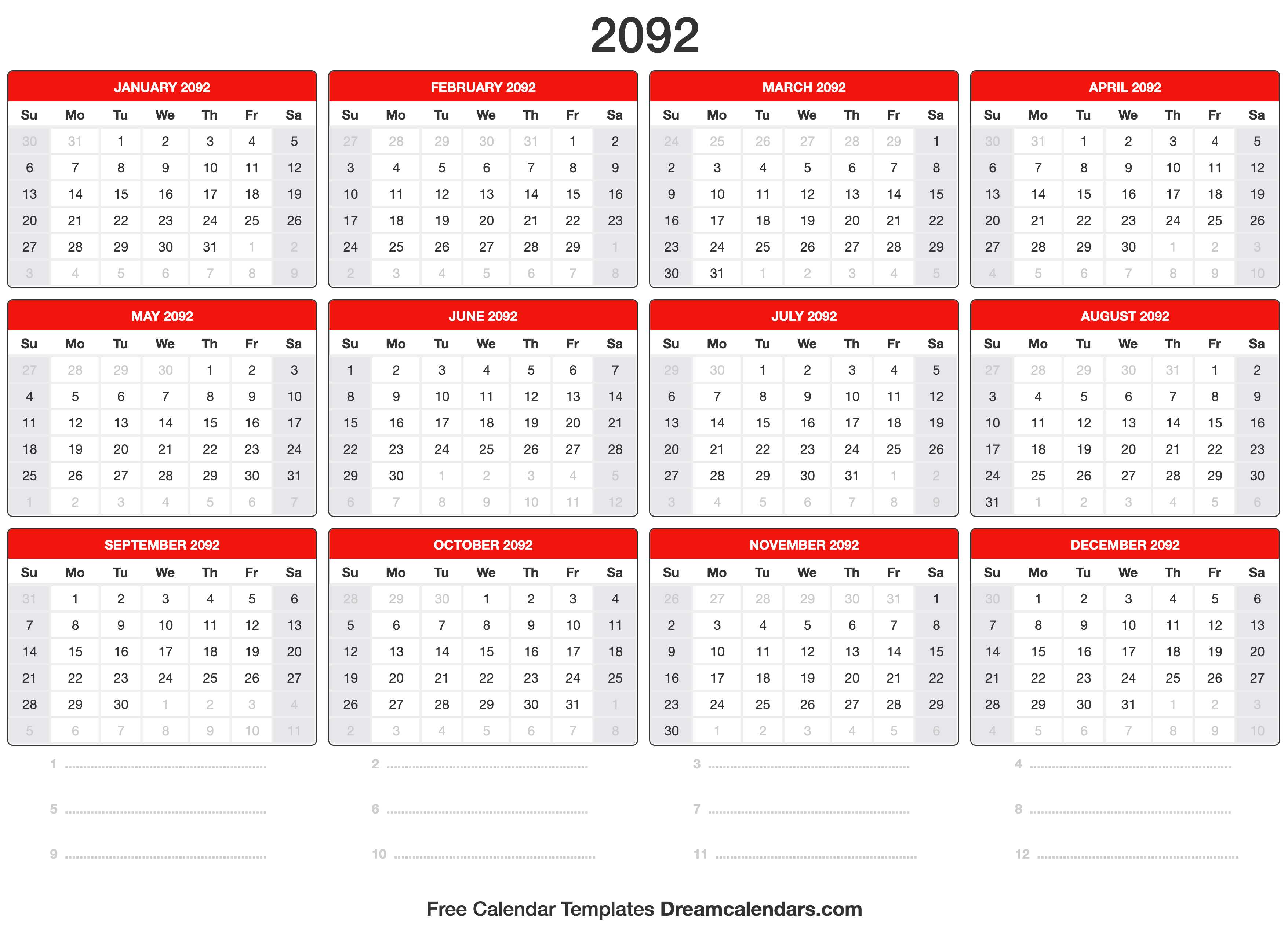 2092 Calendar Template