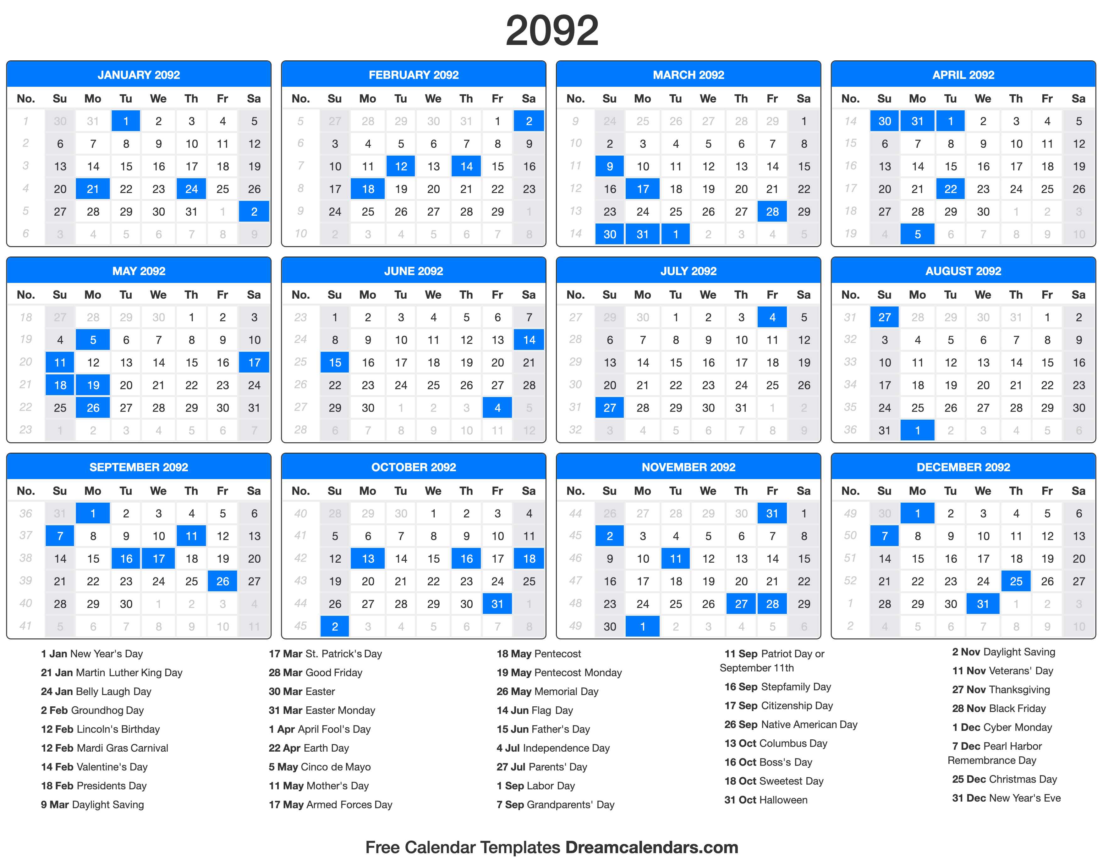 2092 Calendar with holidays
