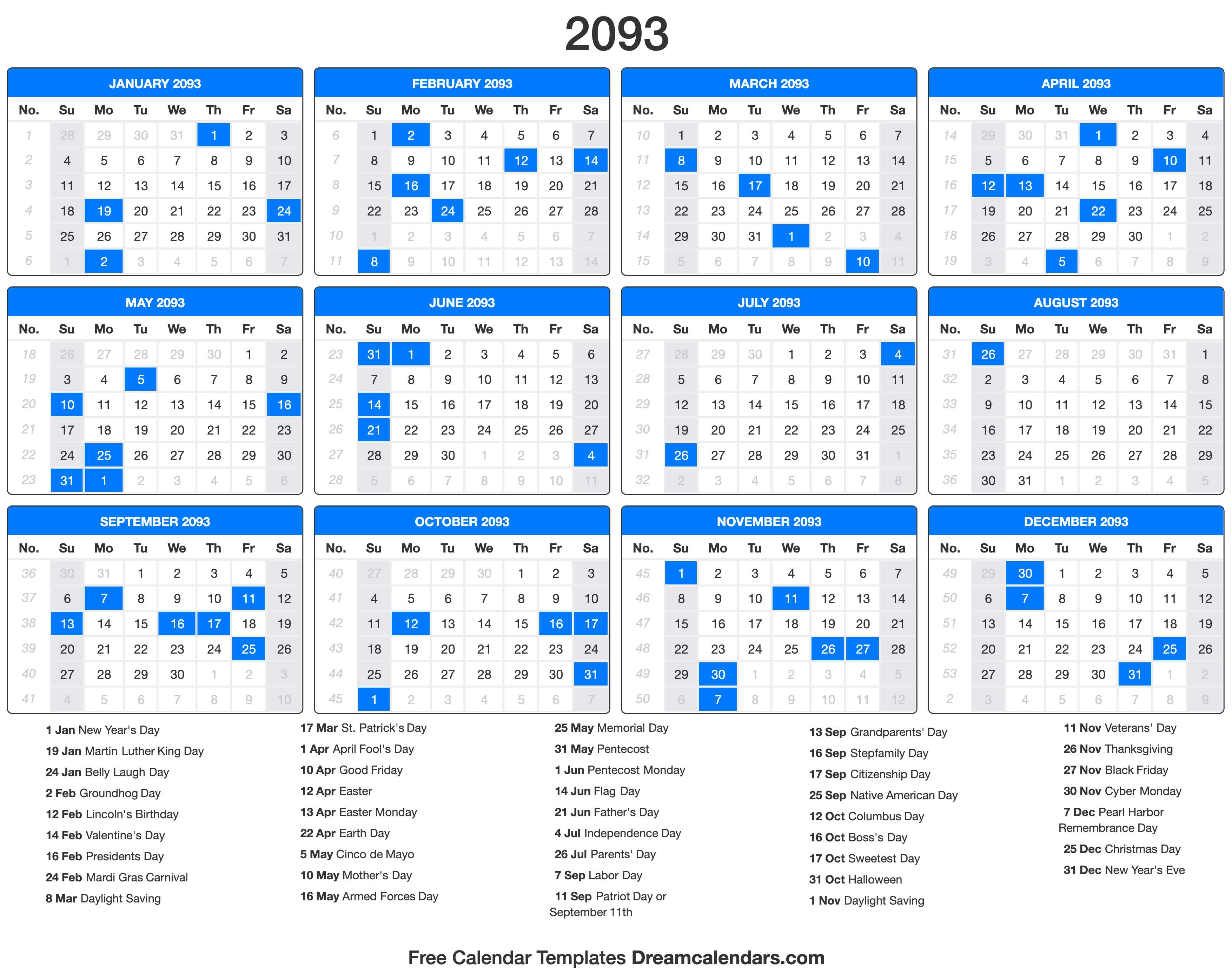 2093 Calendar with holidays