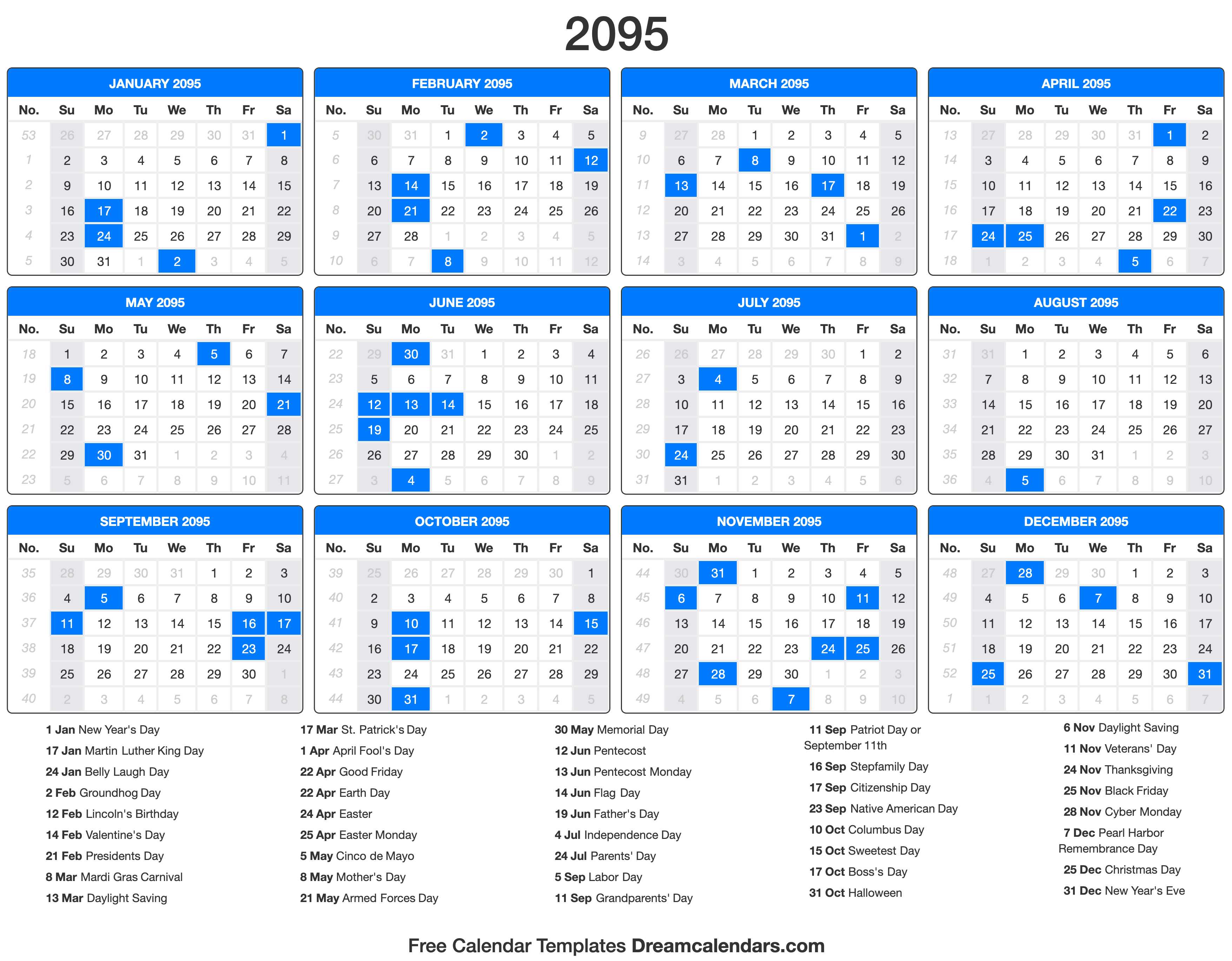 2095 Calendar with holidays