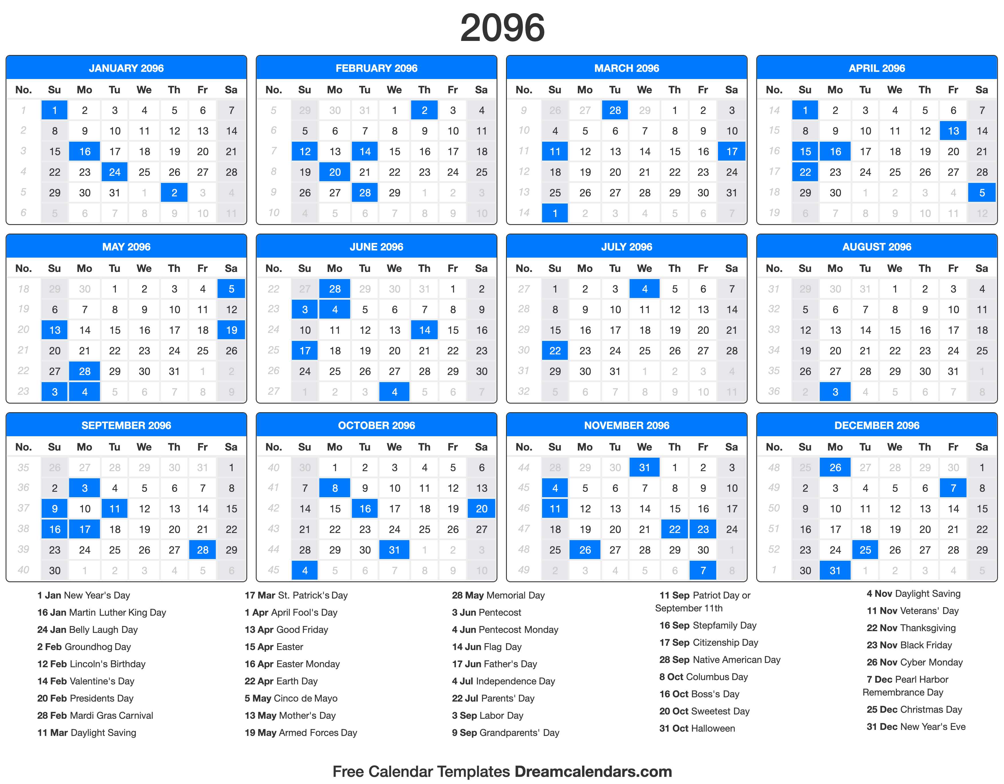 2096 Calendar with holidays