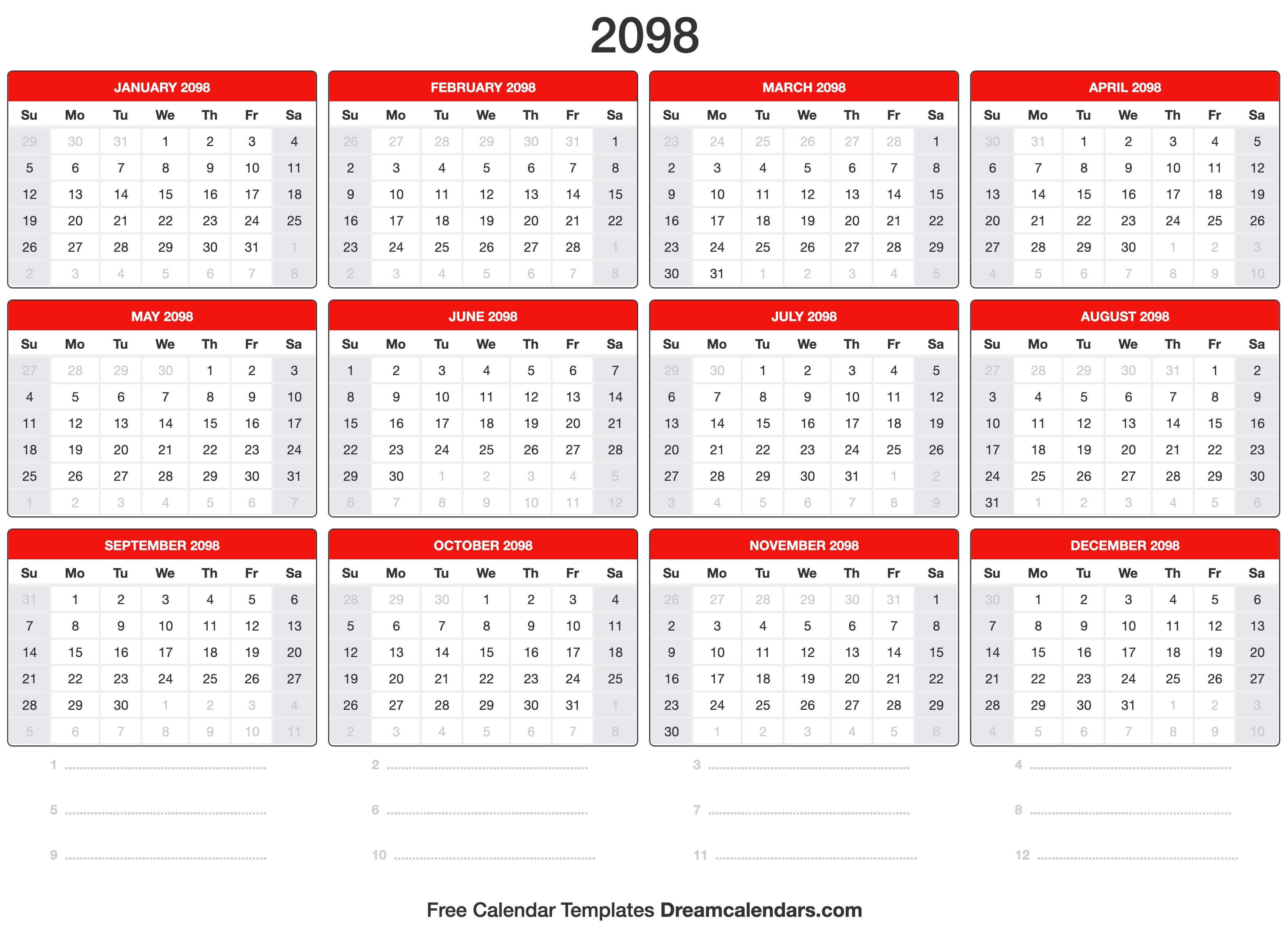 2098 Calendar Template