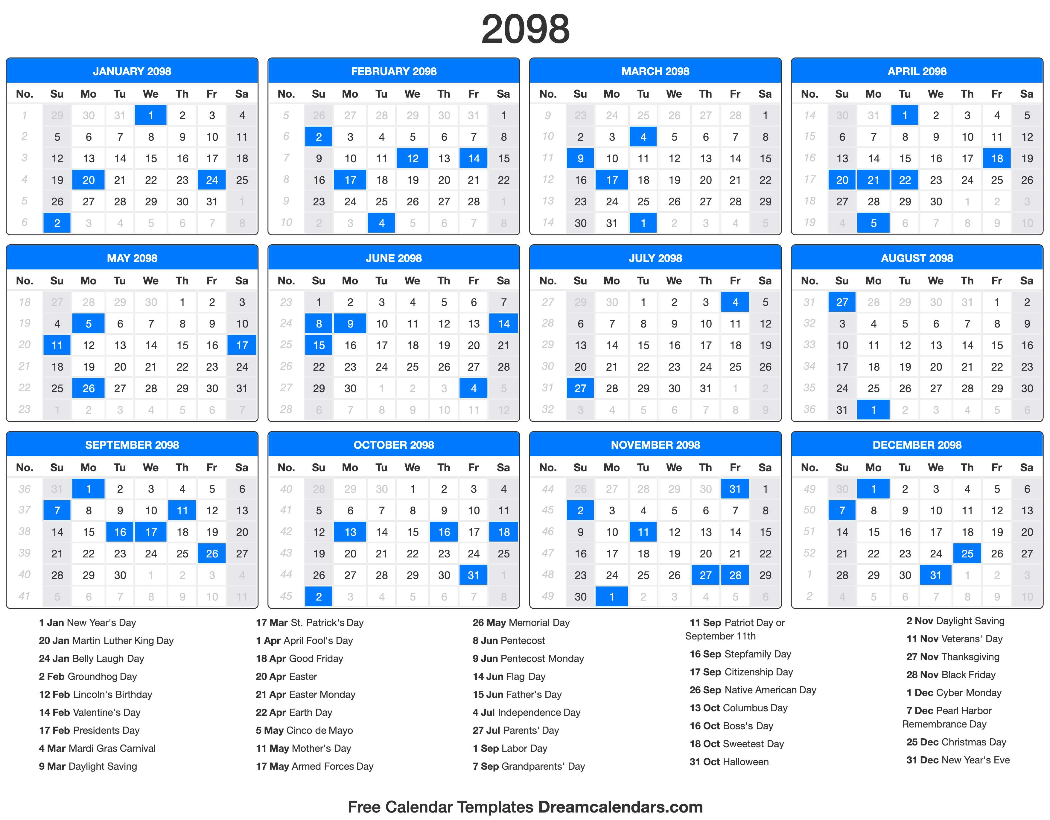 2098 Calendar with holidays