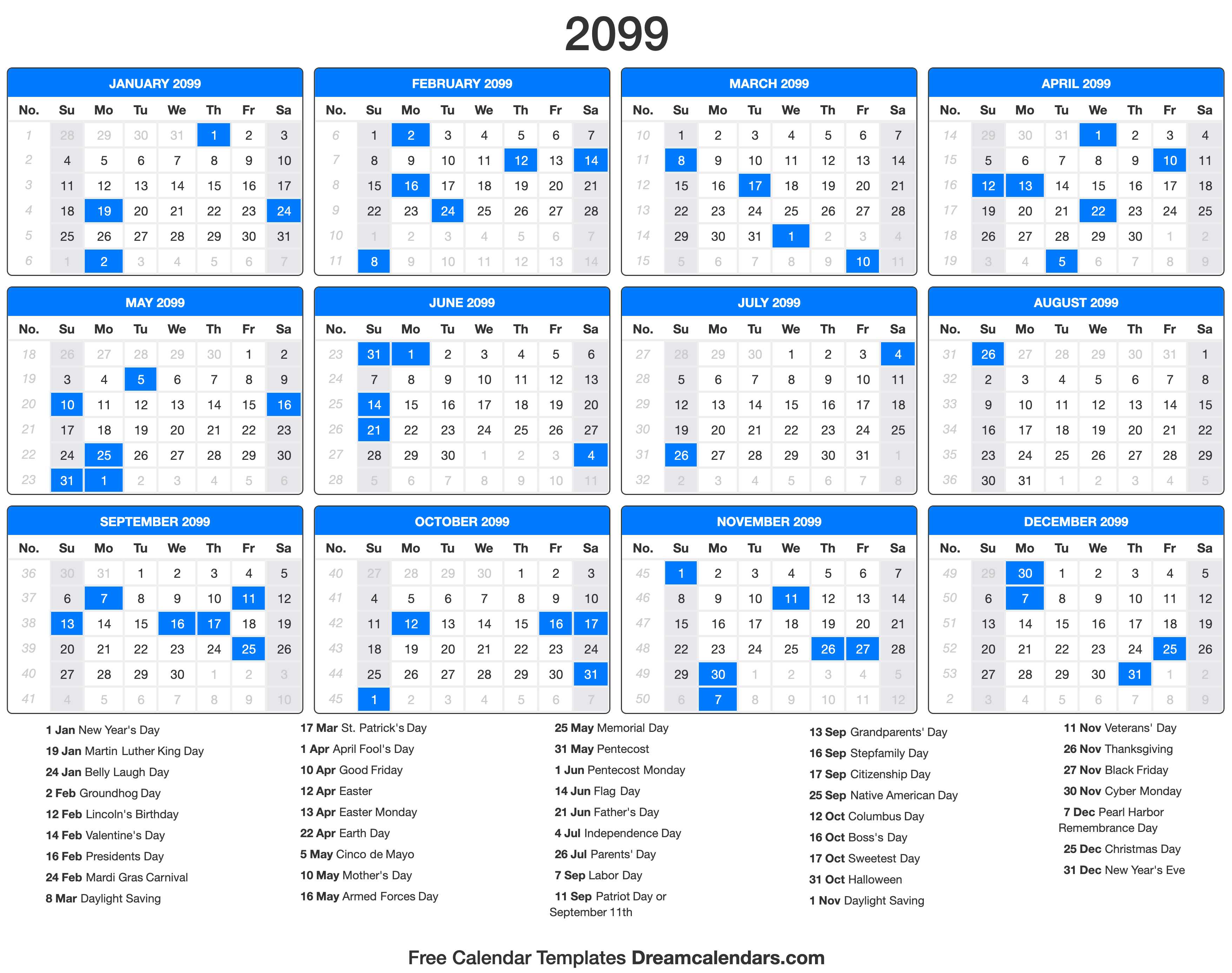 2099 Calendar with holidays