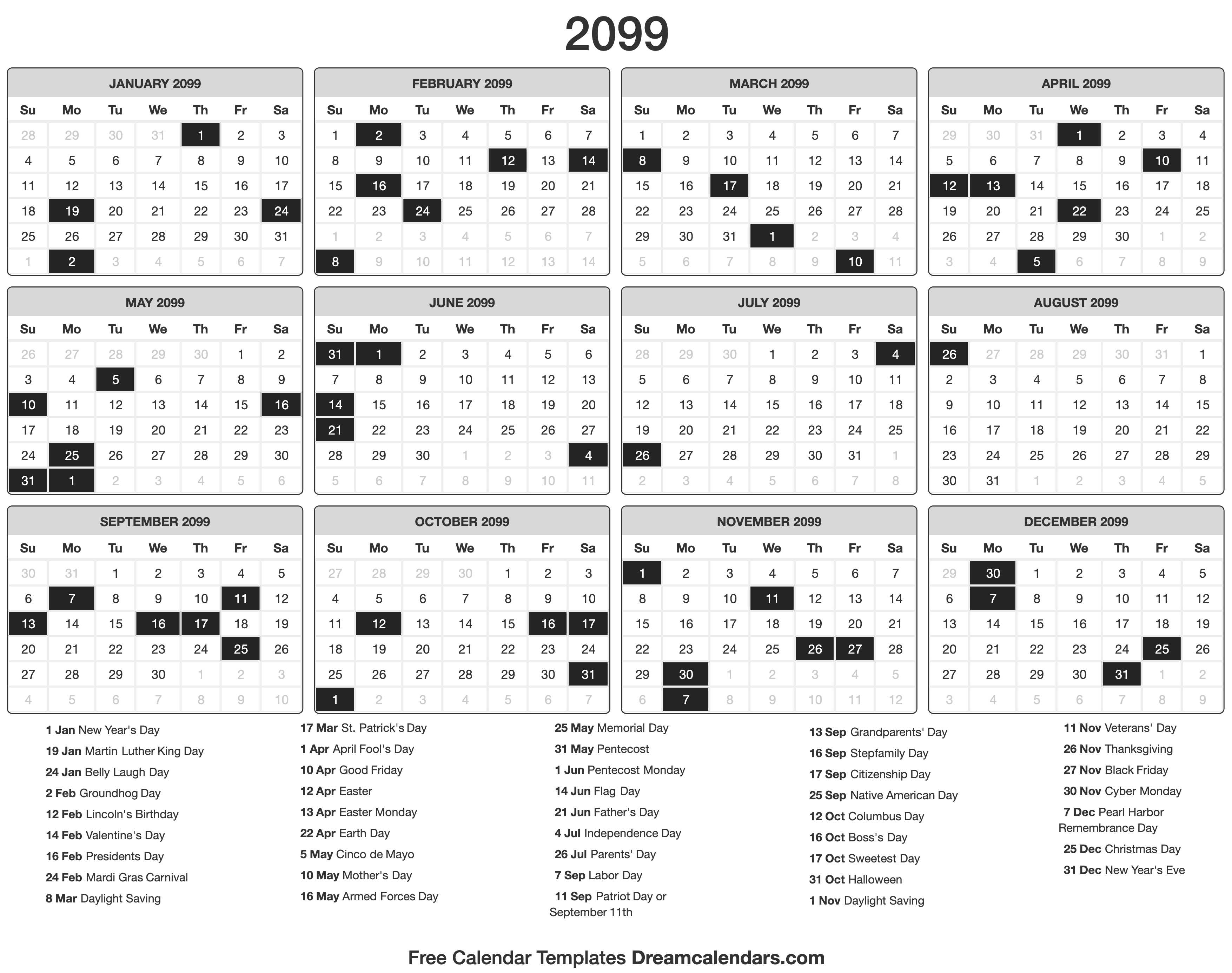 2099 Calendar